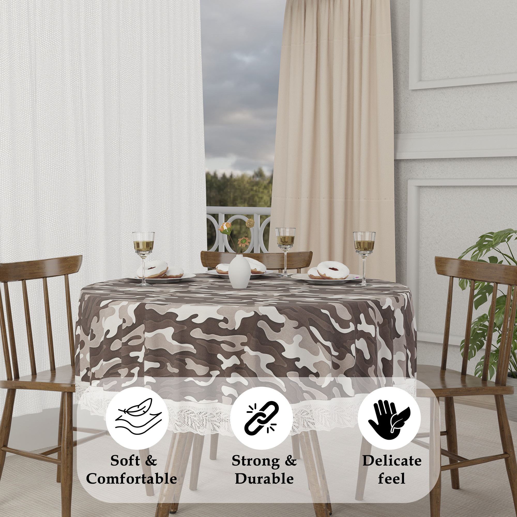 Kuber Industries 60x60 Inch Round Waterproof PVC Table Cover  Heat-Resistant Table Protector for Dining or Center Tables  Easy to Clean Scratch-Proof Tablecloth   Camouflage - Brown