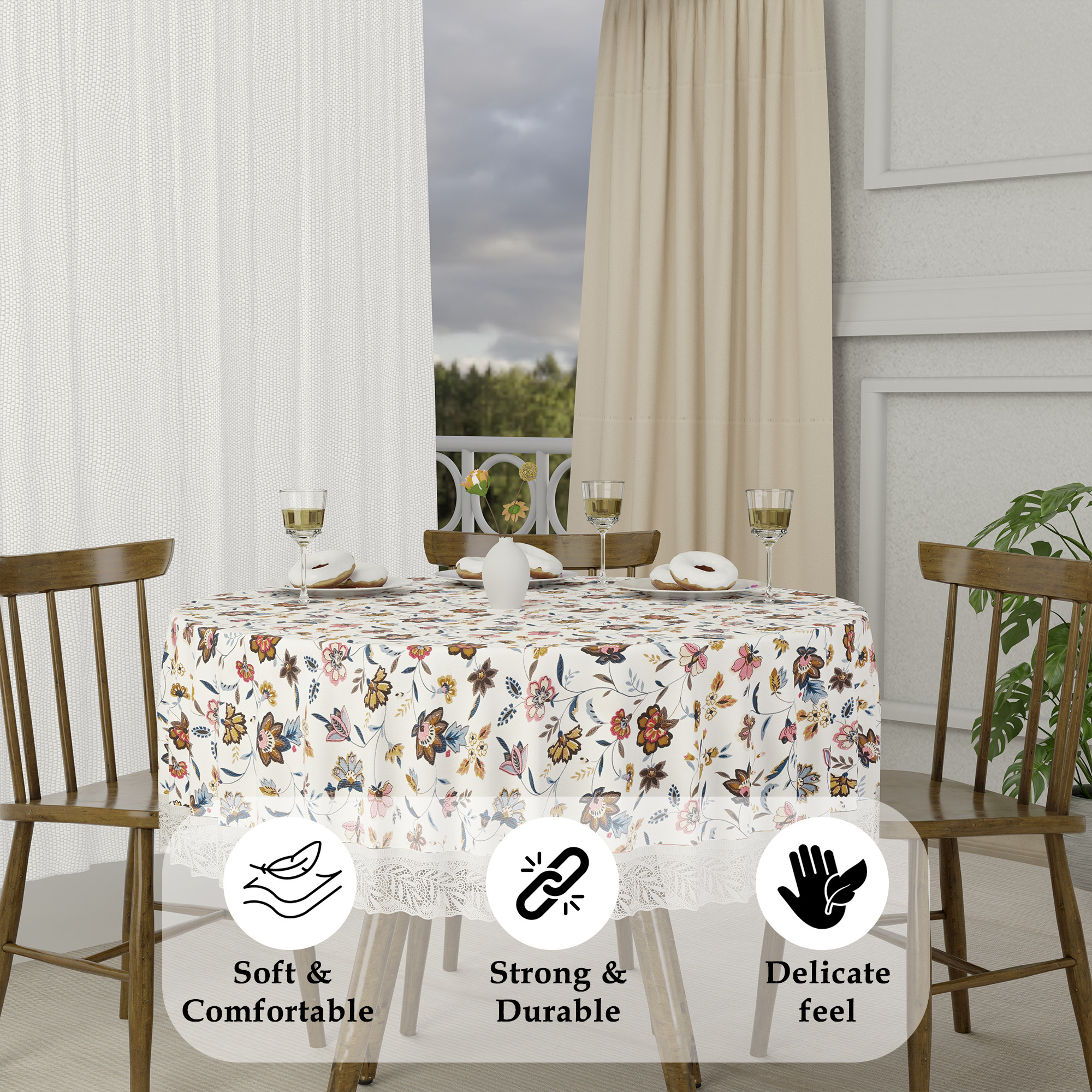 Kuber Industries 60x60 Inch Round Waterproof PVC Table Cover  Heat-Resistant Table Protector for Dining or Center Tables  Easy to Clean Scratch-Proof Tablecloth   Barik Flower - Cream