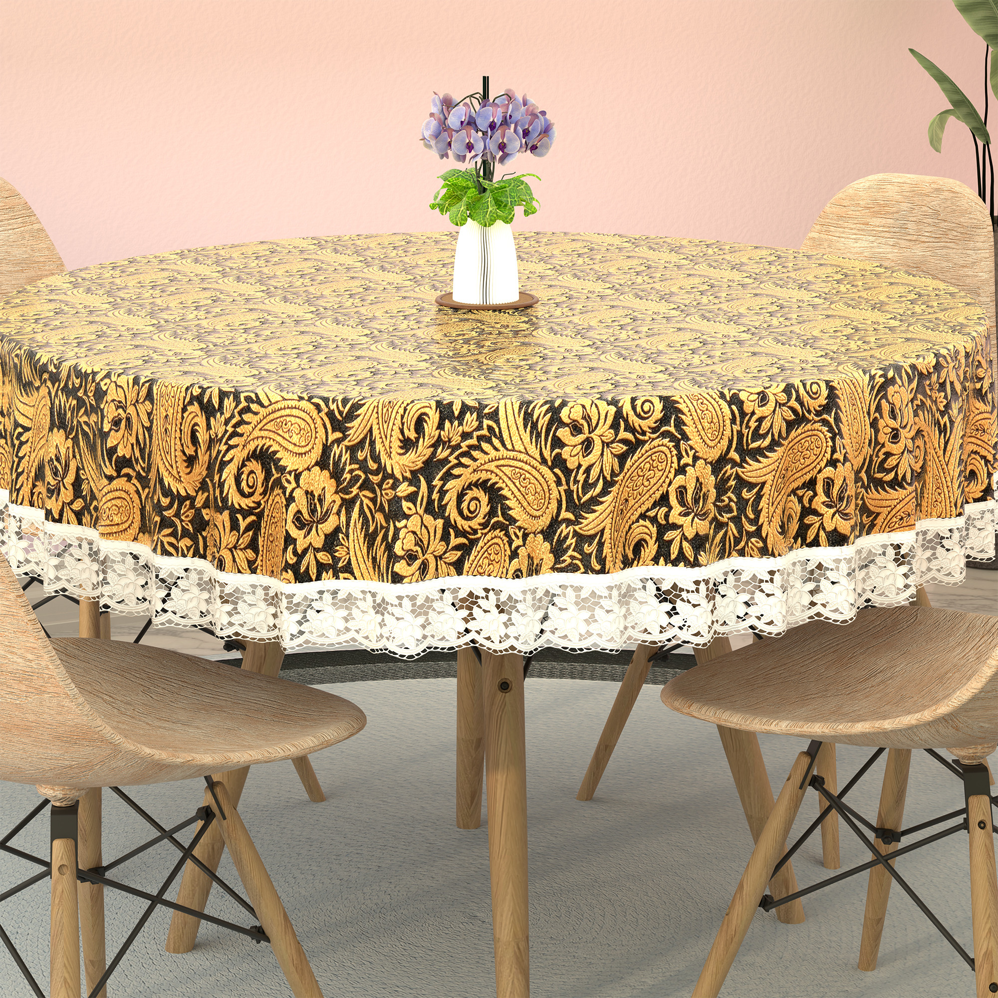 Kuber Industries 60x60 Inches Round Waterproof 4 Seater Dining Table Cover  Durable  Wipeable Centre Table Sheet  Protector for Home Bedroom  Office  Multi Floral - Black Golden