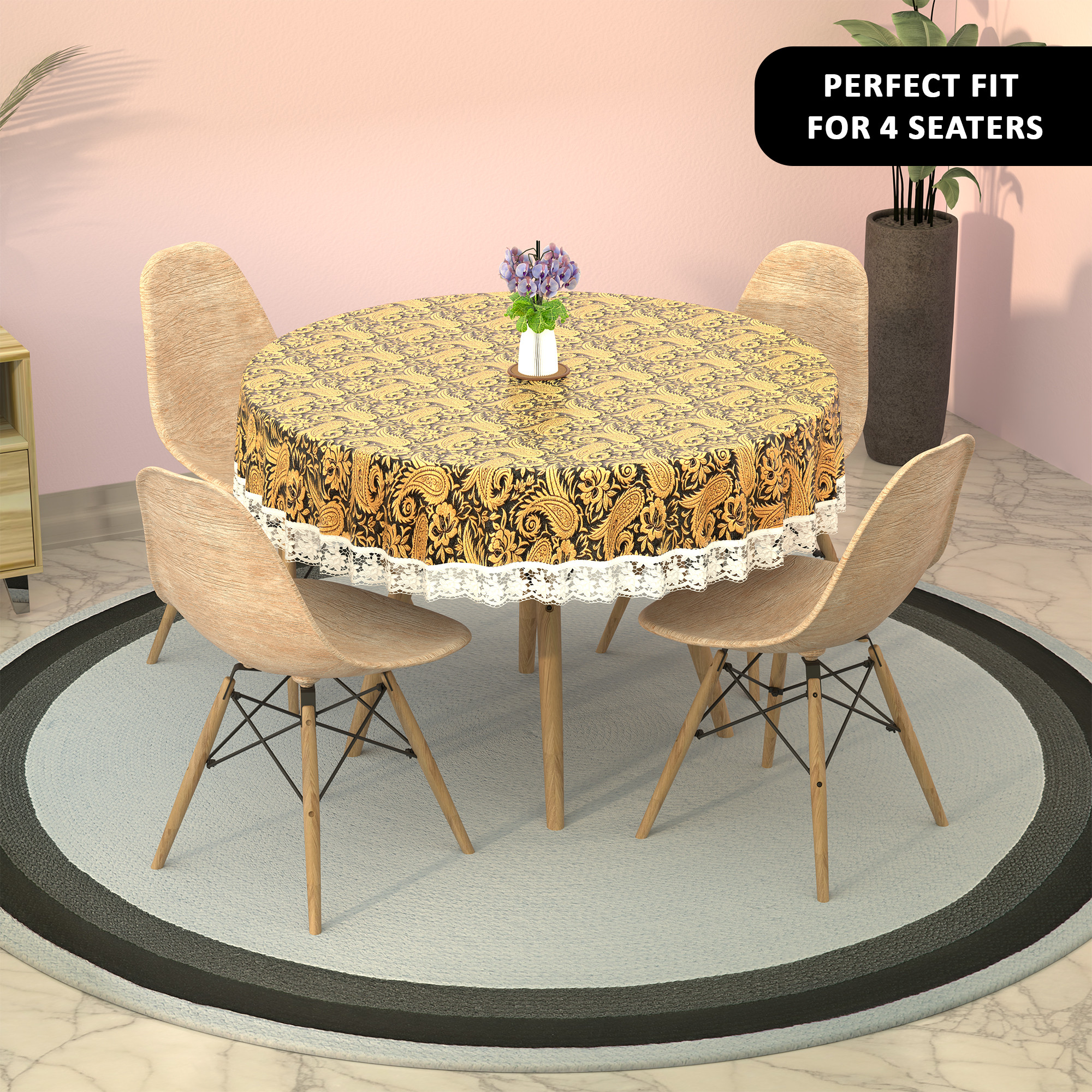 Kuber Industries 60x60 Inches Round Waterproof 4 Seater Dining Table Cover  Durable  Wipeable Centre Table Sheet  Protector for Home Bedroom  Office  Multi Floral - Black Golden