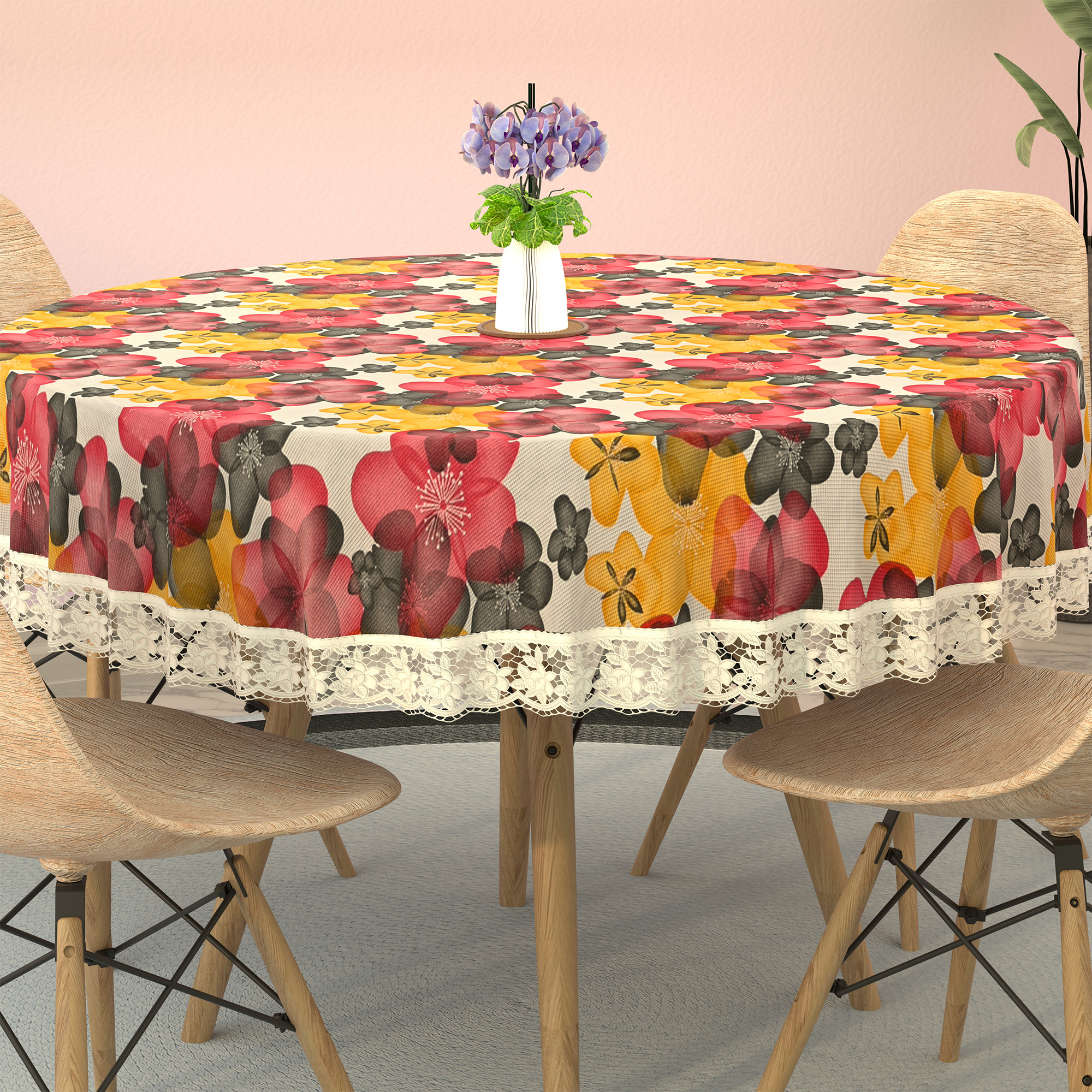 Kuber Industries 60x60 Inches Round Waterproof 4 Seater Dining Table Cover  Durable  Wipeable Centre Table Sheet Cloth  Protector for Home Bedroom  Office  Multi Floral - White Red