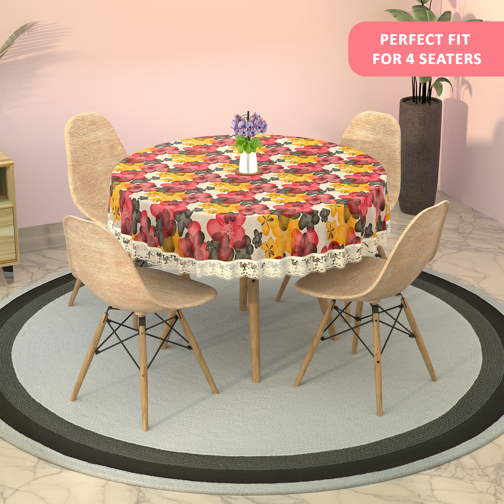 Kuber Industries 60x60 Inches Round Waterproof 4 Seater Dining Table Cover  Durable  Wipeable Centre Table Sheet Cloth  Protector for Home Bedroom  Office  Multi Floral - White Red