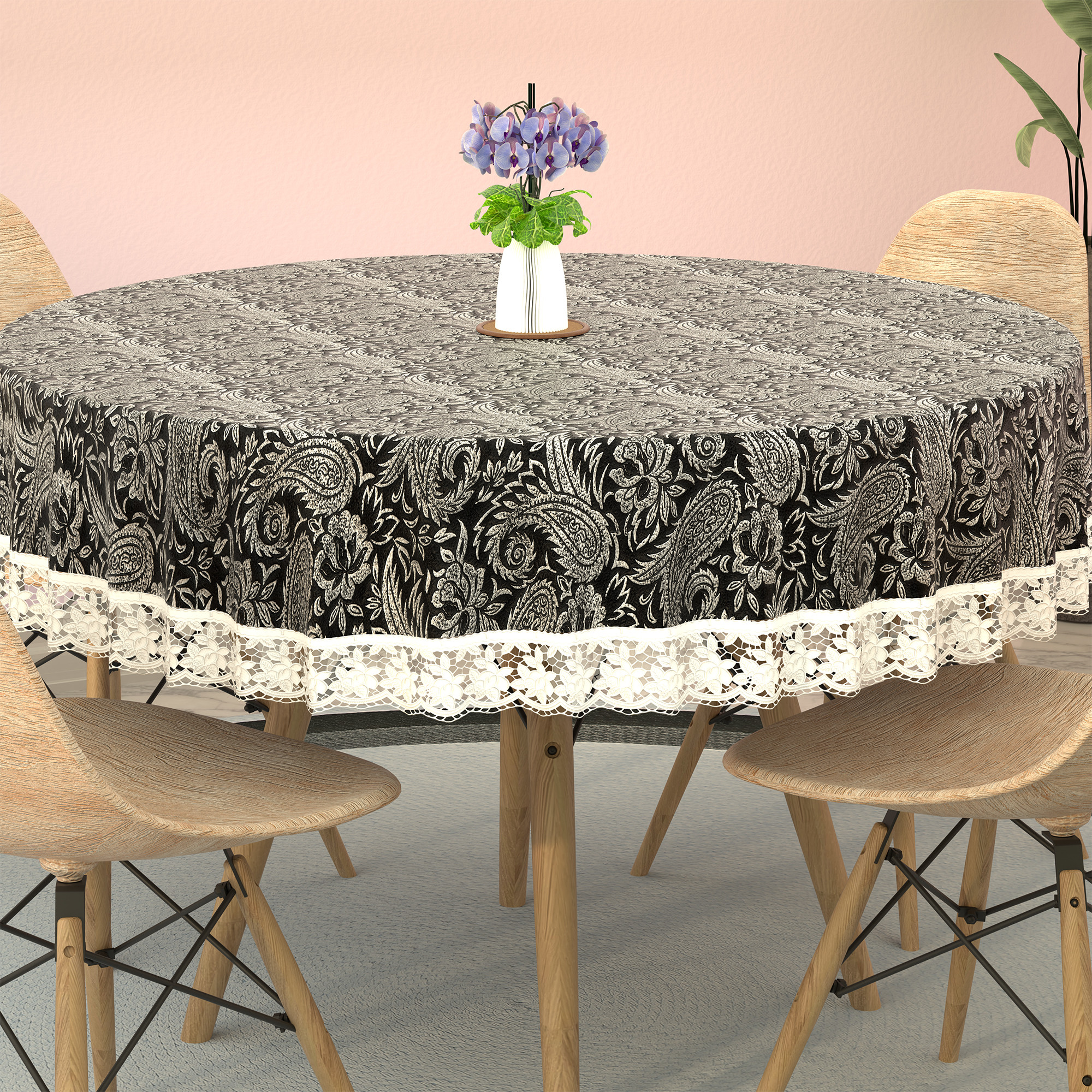 Kuber Industries 60x60 Inches Round Waterproof 4 Seater Dining Table Cover  Durable  Wipeable Centre Table Sheet  Protector for Home Bedroom  Office  Multi Floral - Black Silver