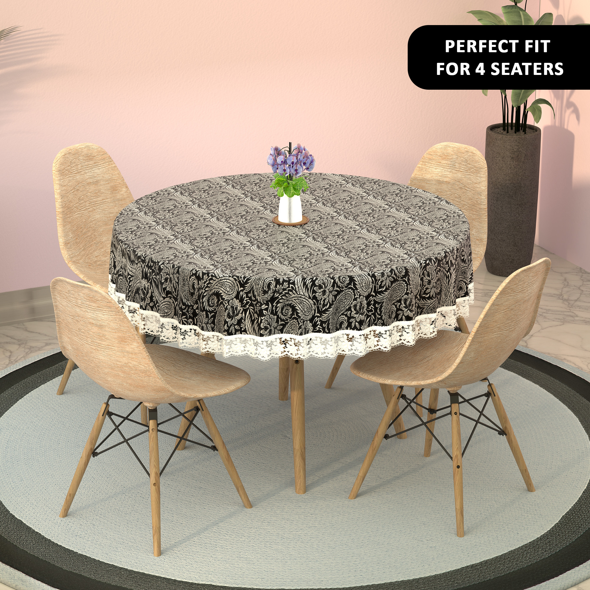 Kuber Industries 60x60 Inches Round Waterproof 4 Seater Dining Table Cover  Durable  Wipeable Centre Table Sheet  Protector for Home Bedroom  Office  Multi Floral - Black Silver