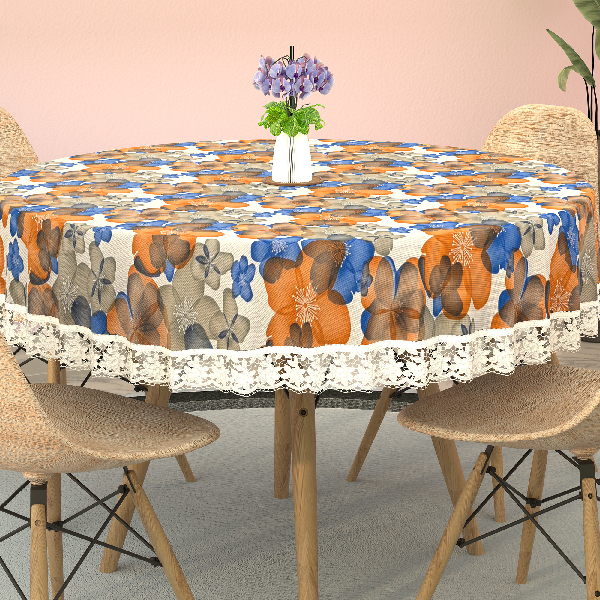 Kuber Industries 60x60 Inches Round Waterproof 4 Seater Dining Table Cover  Durable  Wipeable Centre Table Sheet  Protector for Home Bedroom  Office  Multi Floral - White Blue