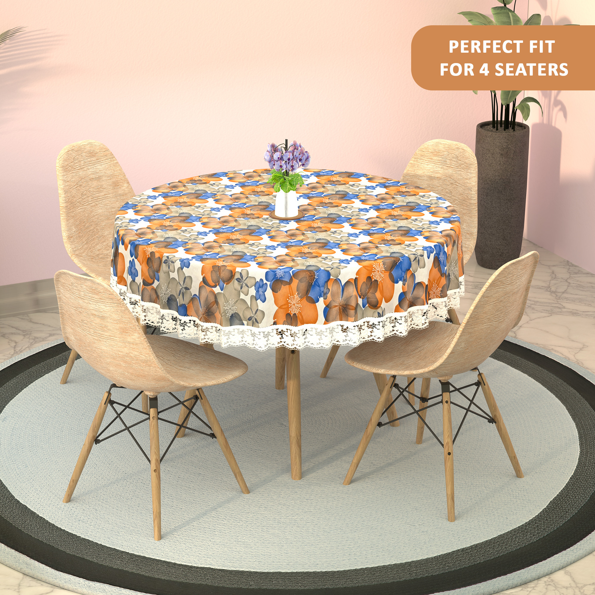 Kuber Industries 60x60 Inches Round Waterproof 4 Seater Dining Table Cover  Durable  Wipeable Centre Table Sheet  Protector for Home Bedroom  Office  Multi Floral - White Blue