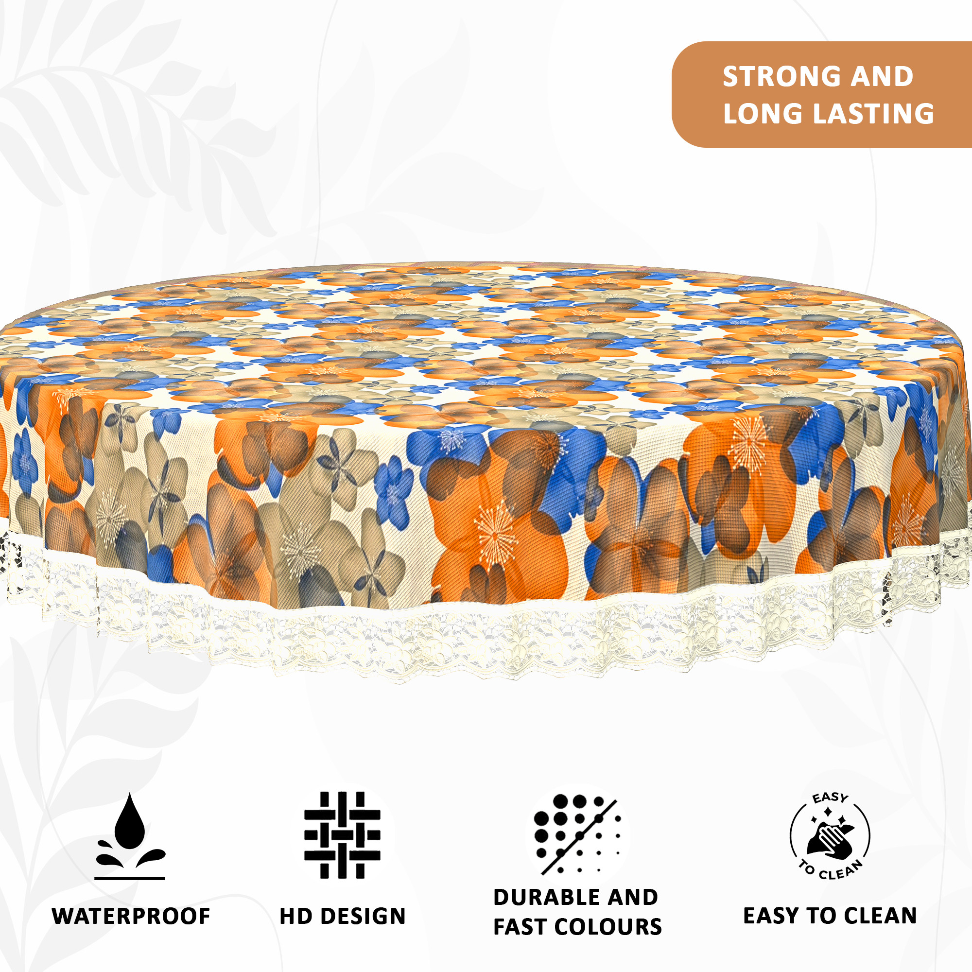 Kuber Industries 60x60 Inches Round Waterproof 4 Seater Dining Table Cover  Durable  Wipeable Centre Table Sheet  Protector for Home Bedroom  Office  Multi Floral - White Blue