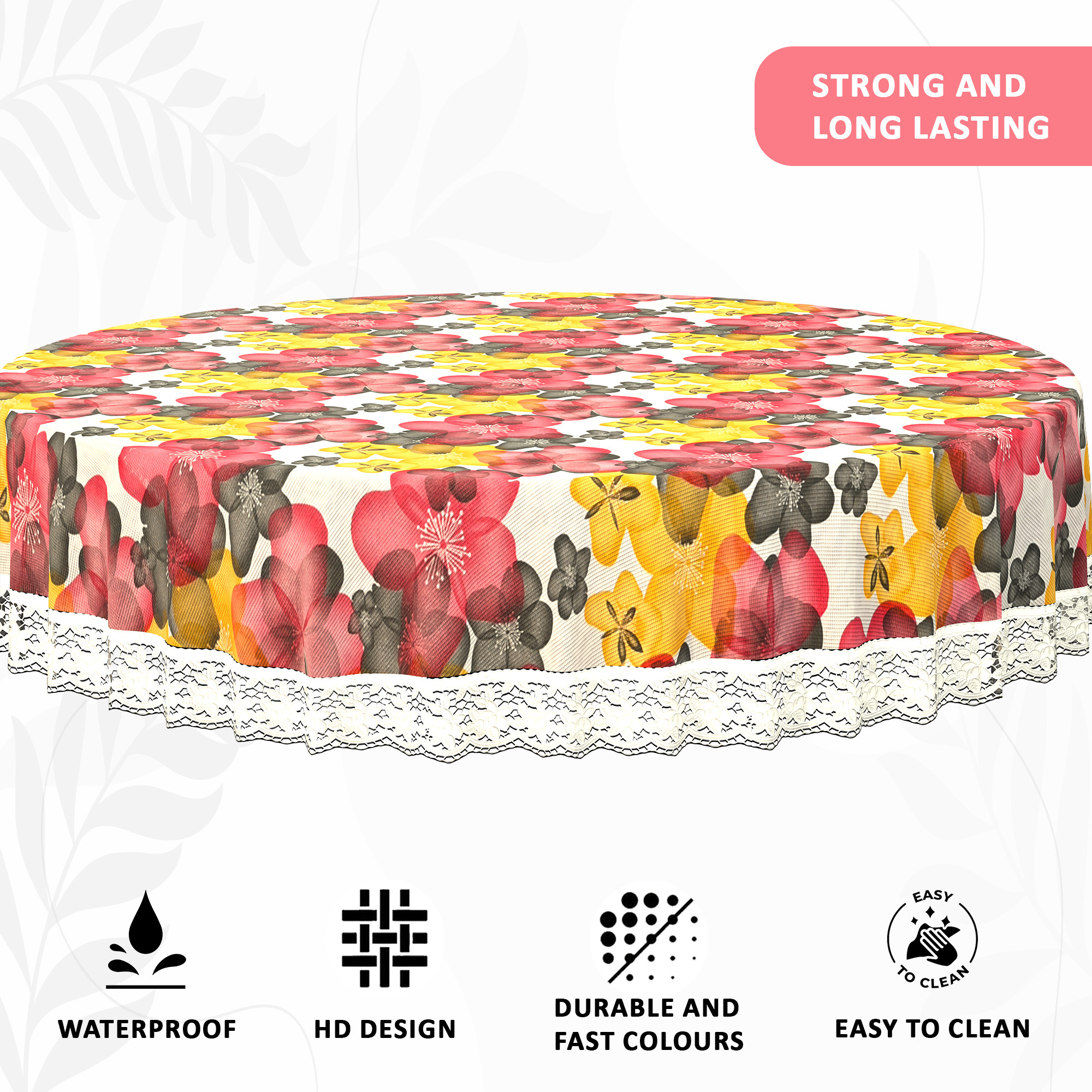 Kuber Industries 60x60 Inches Round Waterproof 4 Seater Dining Table Cover  Durable  Wipeable Centre Table Sheet Cloth  Protector for Home Bedroom  Office  Multi Floral - White Red