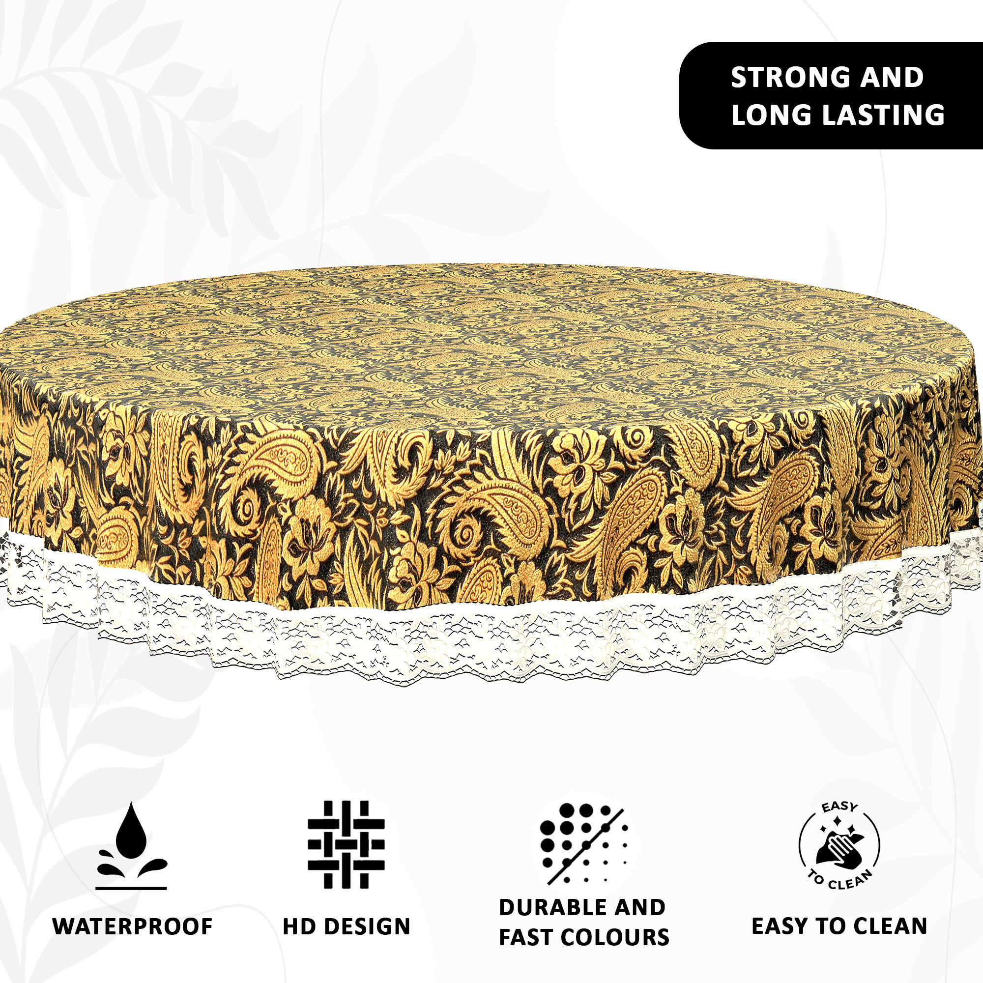 Kuber Industries 60x60 Inches Round Waterproof 4 Seater Dining Table Cover  Durable  Wipeable Centre Table Sheet  Protector for Home Bedroom  Office  Multi Floral - Black Golden