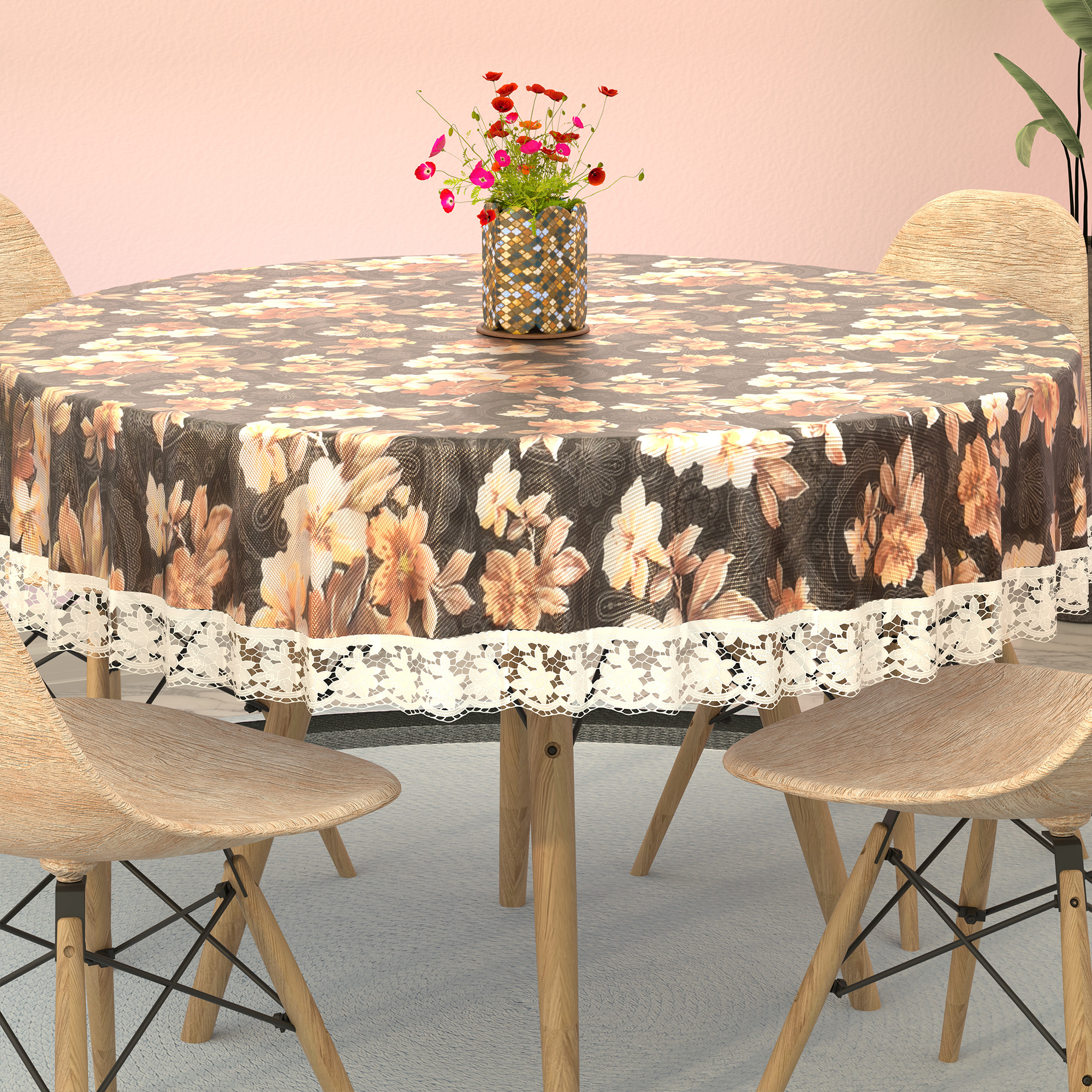 Kuber Industries 60x60 Inches Waterproof Round 4 Seater Dining Table Cover for Living Room  Anti Slip TeapoyComputer  Office Table ClothSheet  Flower Print - Grey  Brown