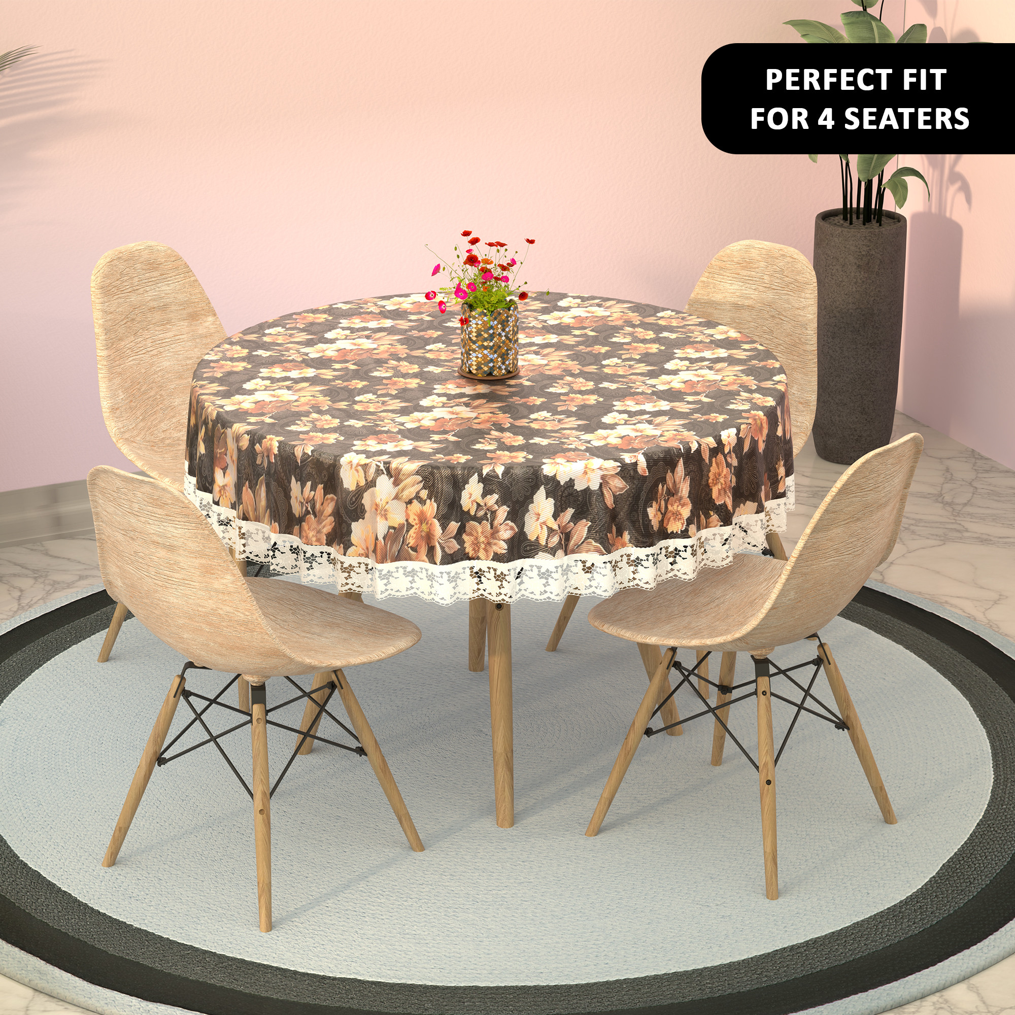 Kuber Industries 60x60 Inches Waterproof Round 4 Seater Dining Table Cover for Living Room  Anti Slip TeapoyComputer  Office Table ClothSheet  Flower Print - Grey  Brown
