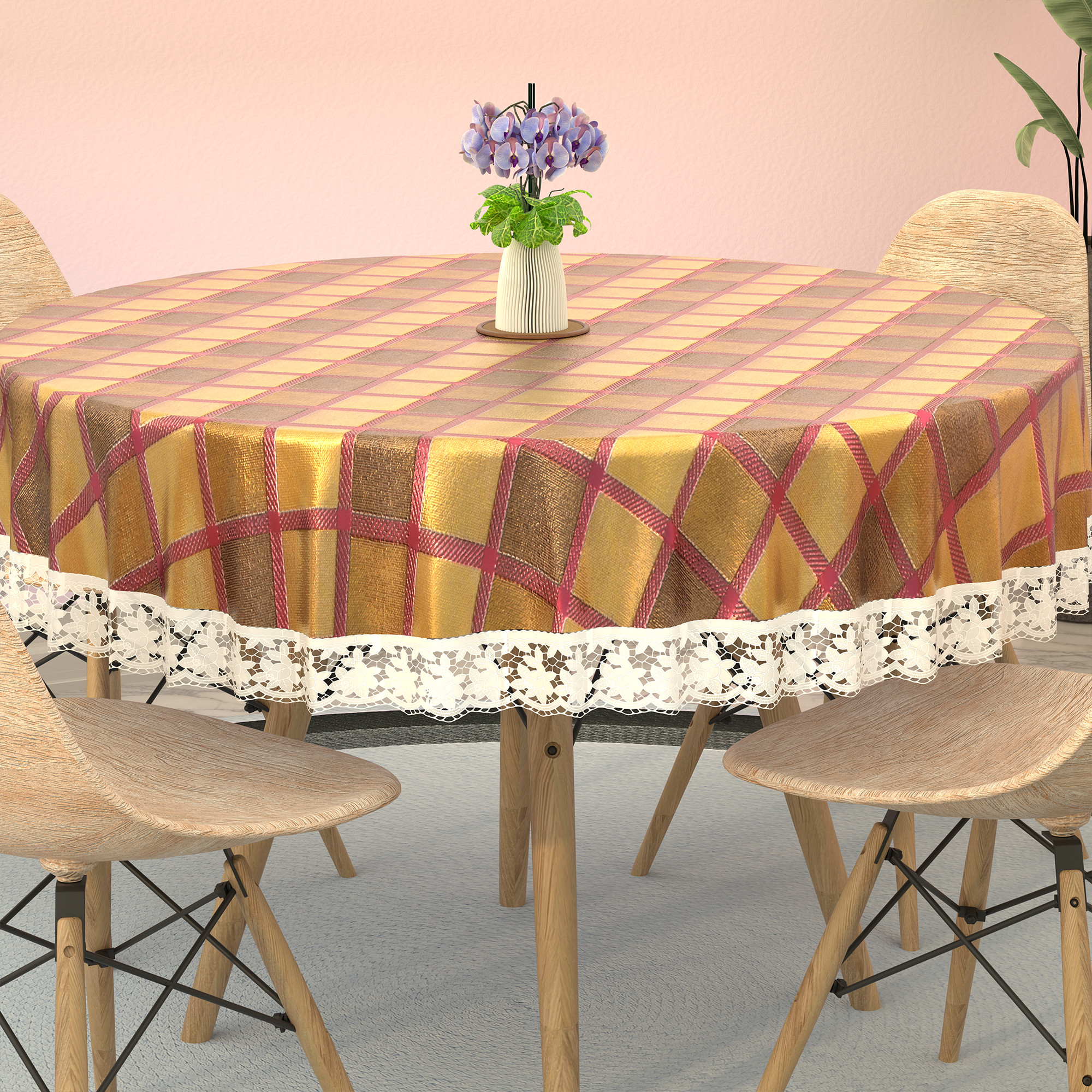 Kuber Industries 60x60 Inches Waterproof Round 4 Seater Dining Table Cover for Living Room  Anti Slip TeapoyComputer  Office Table ClothSheet  Golden Check Print - Pink