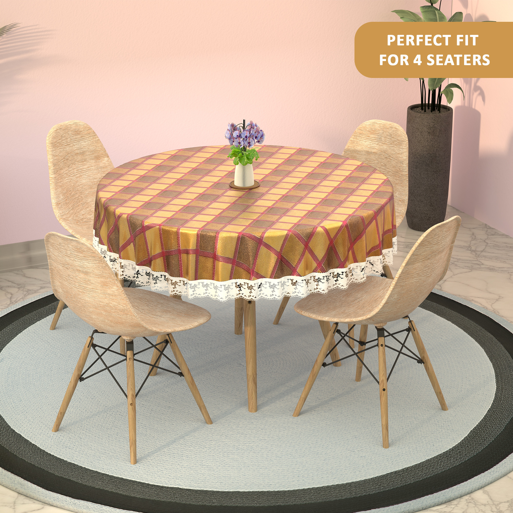Kuber Industries 60x60 Inches Waterproof Round 4 Seater Dining Table Cover for Living Room  Anti Slip TeapoyComputer  Office Table ClothSheet  Golden Check Print - Pink