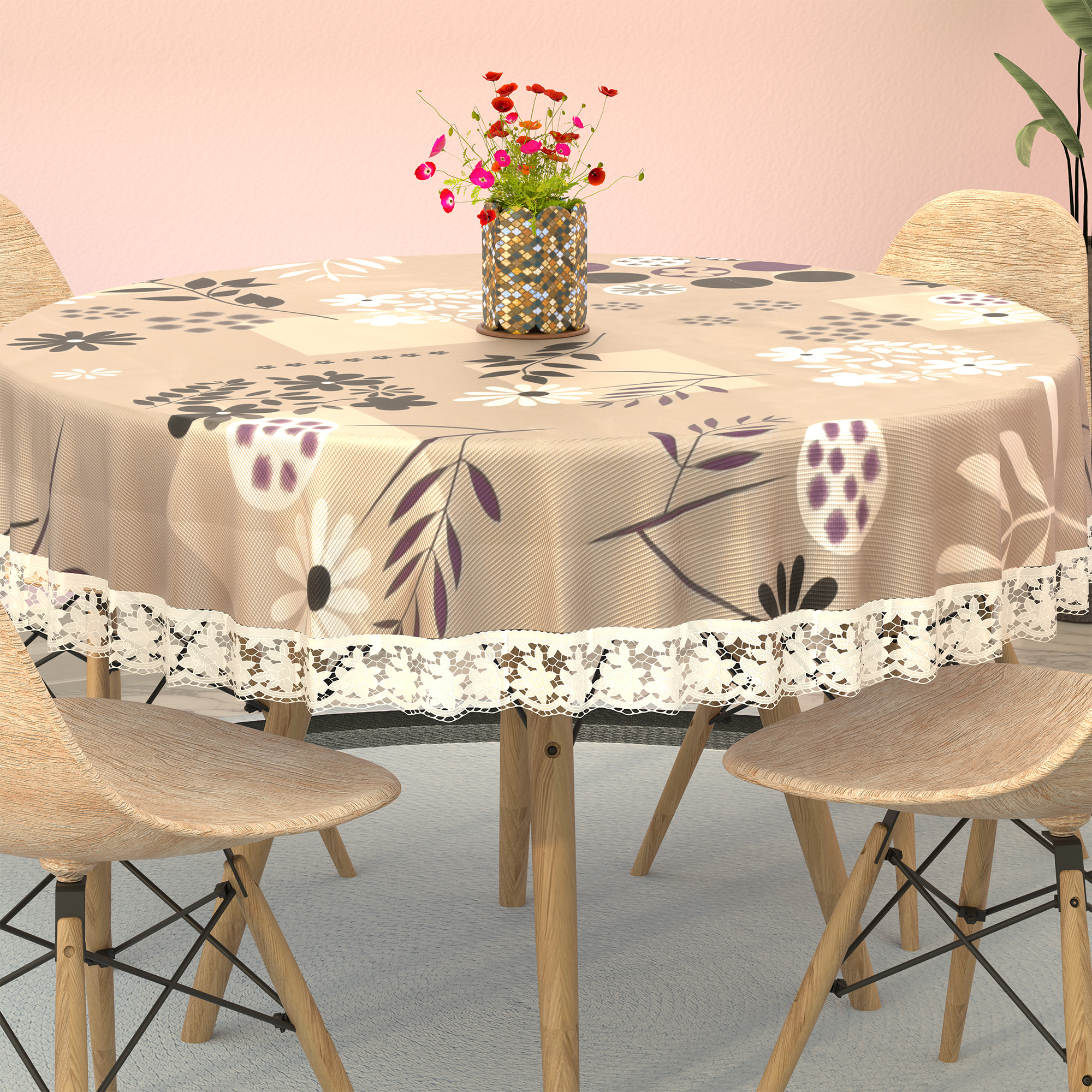 Kuber Industries 60x60 Inches Waterproof Round 4 Seater Dining Table Cover for Living Room  Anti Slip TeapoyComputer  Office Table ClothSheet  Flower Circle Print - Light Brown