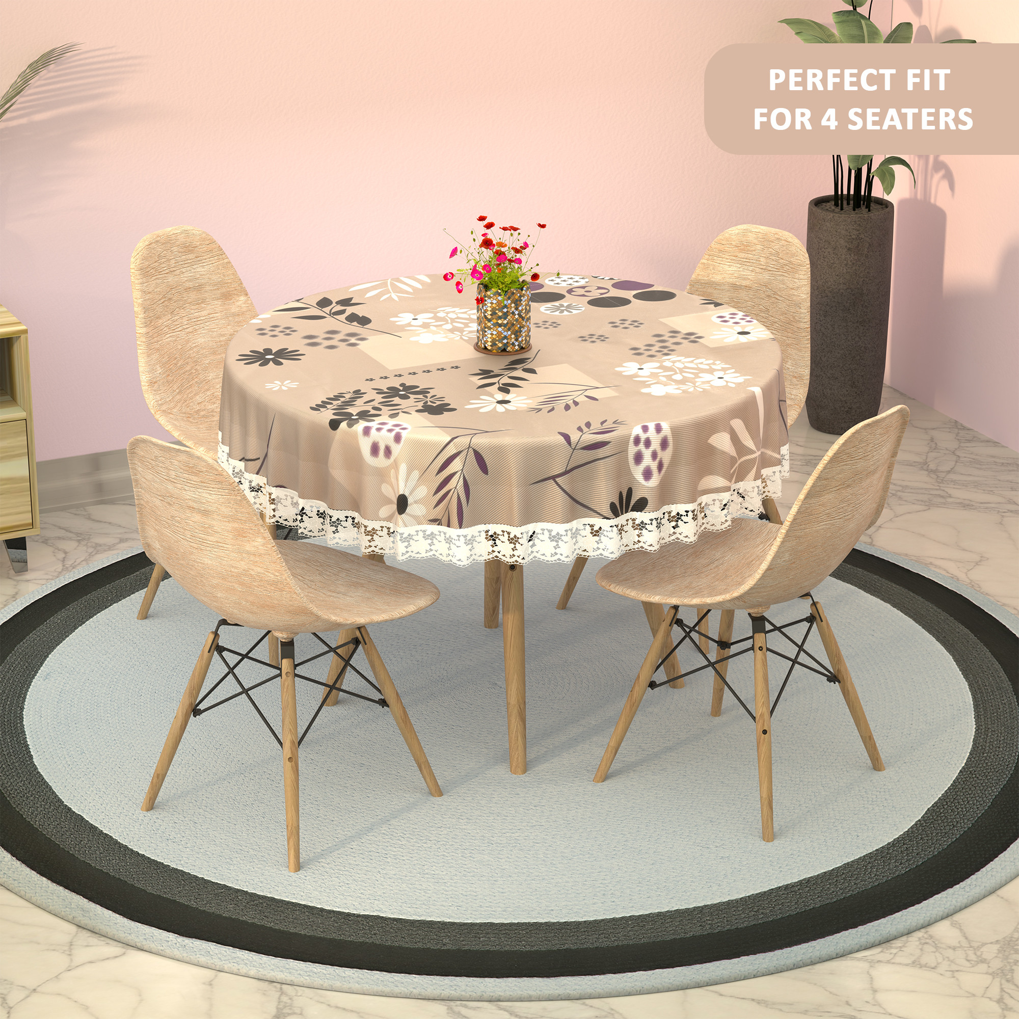 Kuber Industries 60x60 Inches Waterproof Round 4 Seater Dining Table Cover for Living Room  Anti Slip TeapoyComputer  Office Table ClothSheet  Flower Circle Print - Light Brown