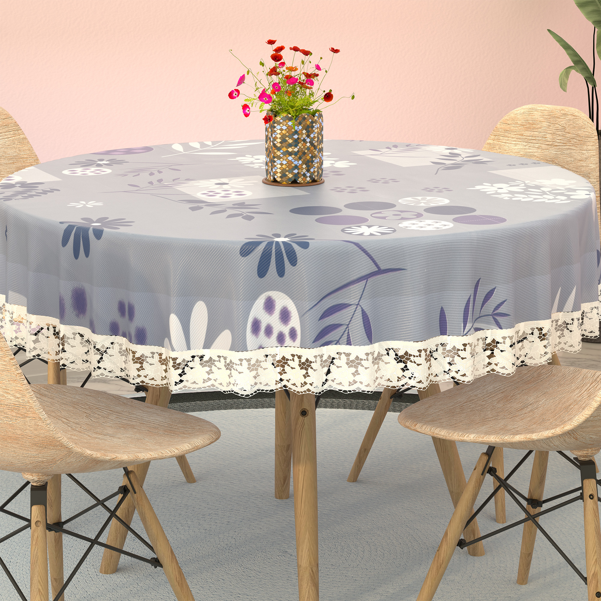 Kuber Industries 60x60 Inches Waterproof Round 4 Seater Dining Table Cover for Living Room  Anti Slip TeapoyComputer  Office Table ClothSheet  Flower Circle Print - Grey