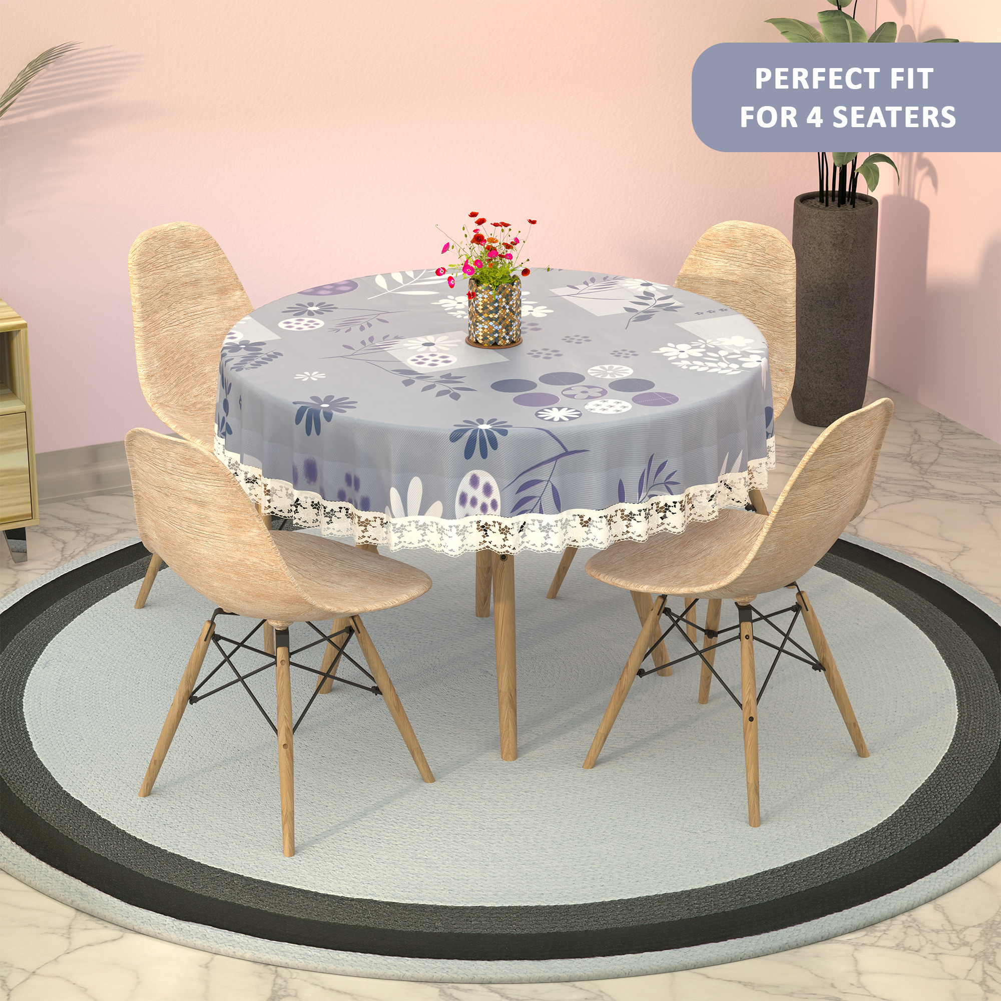 Kuber Industries 60x60 Inches Waterproof Round 4 Seater Dining Table Cover for Living Room  Anti Slip TeapoyComputer  Office Table ClothSheet  Flower Circle Print - Grey