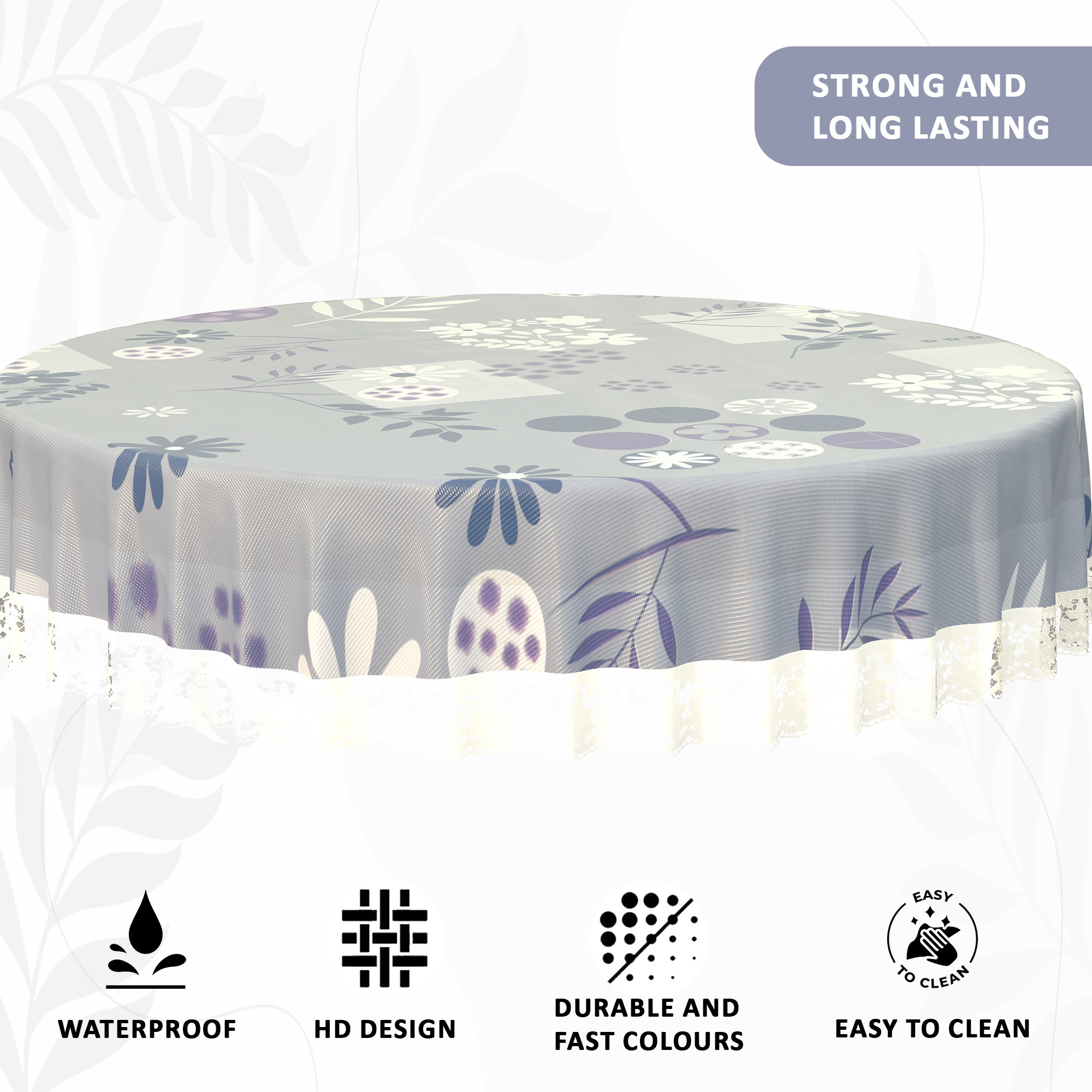 Kuber Industries 60x60 Inches Waterproof Round 4 Seater Dining Table Cover for Living Room  Anti Slip TeapoyComputer  Office Table ClothSheet  Flower Circle Print - Grey