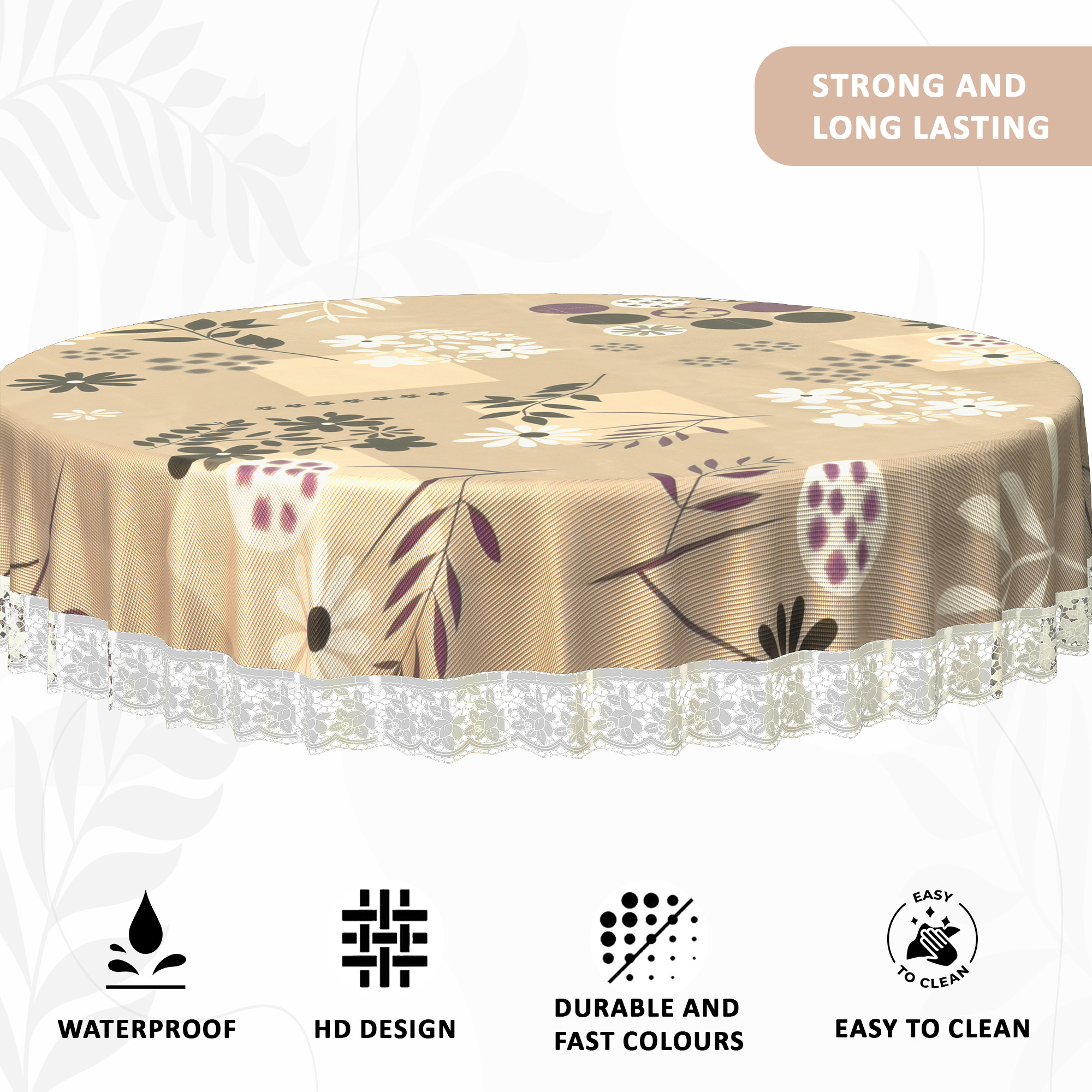 Kuber Industries 60x60 Inches Waterproof Round 4 Seater Dining Table Cover for Living Room  Anti Slip TeapoyComputer  Office Table ClothSheet  Flower Circle Print - Light Brown