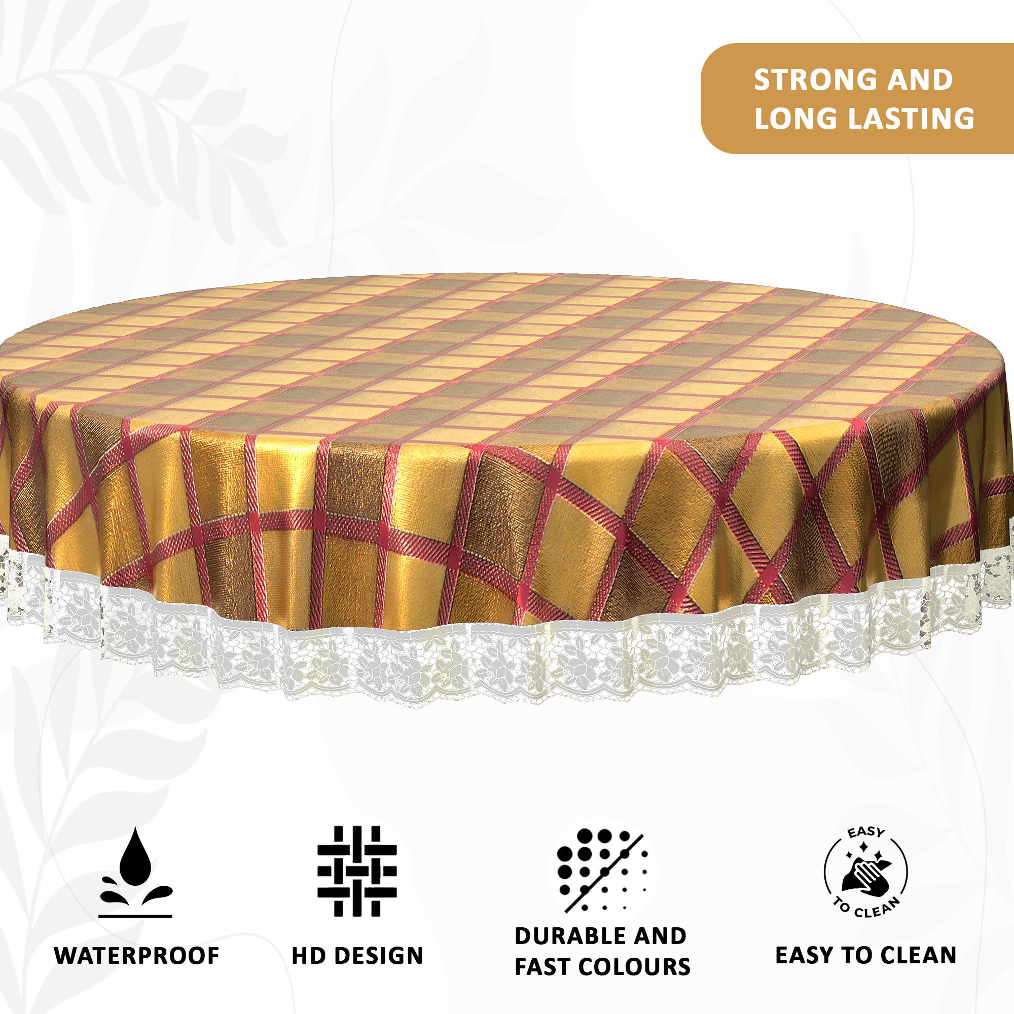 Kuber Industries 60x60 Inches Waterproof Round 4 Seater Dining Table Cover for Living Room  Anti Slip TeapoyComputer  Office Table ClothSheet  Golden Check Print - Pink