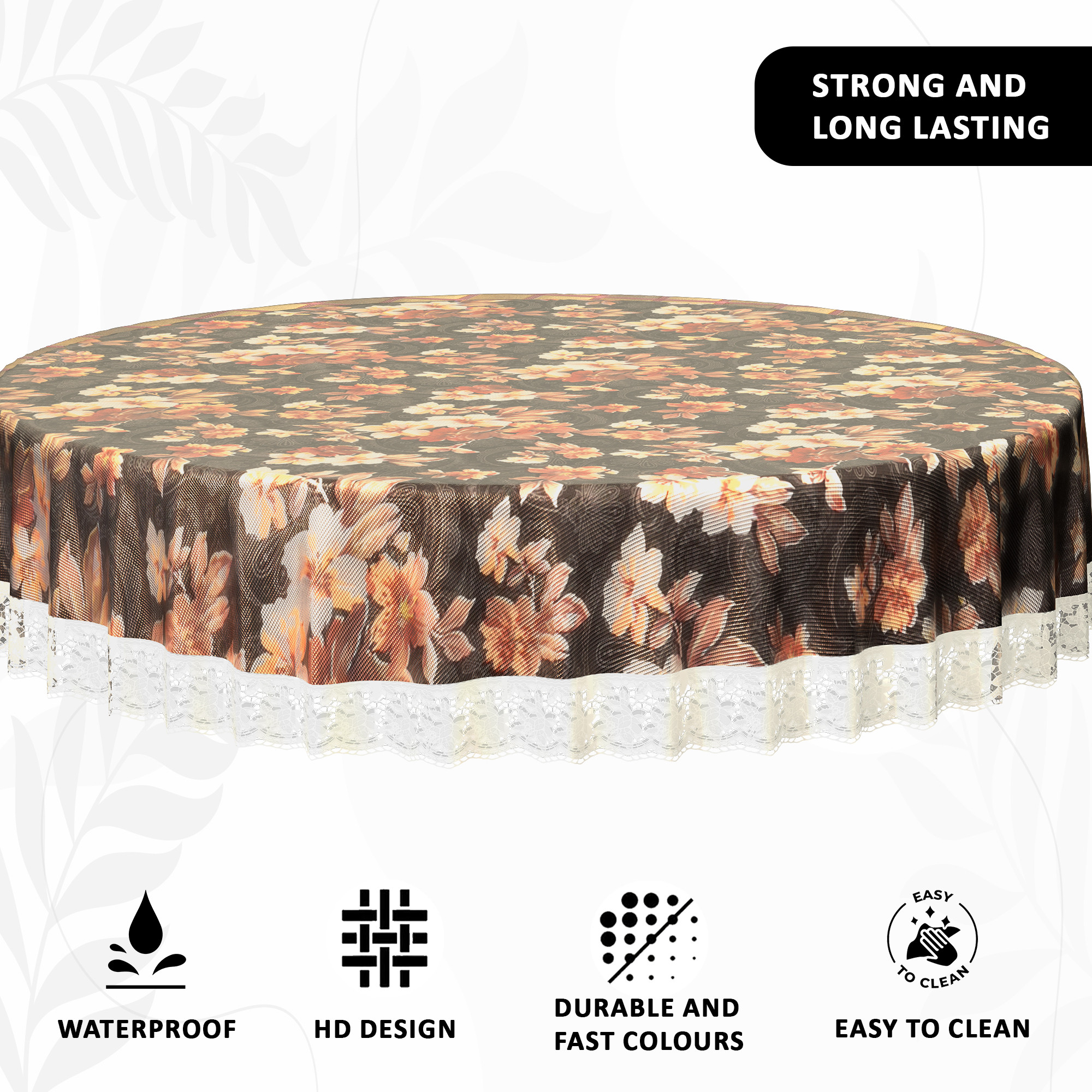 Kuber Industries 60x60 Inches Waterproof Round 4 Seater Dining Table Cover for Living Room  Anti Slip TeapoyComputer  Office Table ClothSheet  Flower Print - Grey  Brown