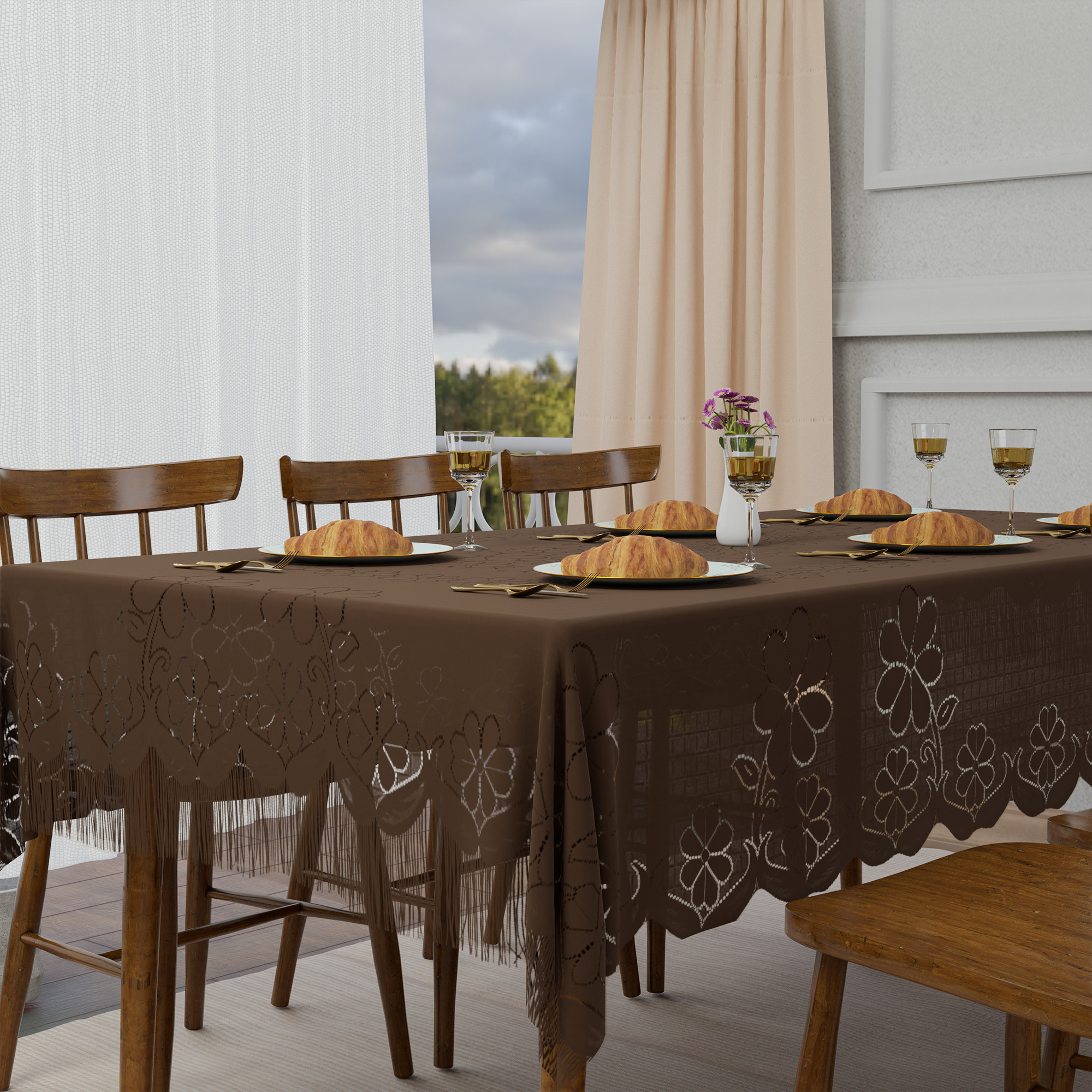 Kuber Industries 60x90 Inch 6 Seater Dining Table Cover  Durable  Wrinkle-Free Table Cover ClothProtector - Dining Table Accessories for Home  Self Flower Jhalar- Coffee