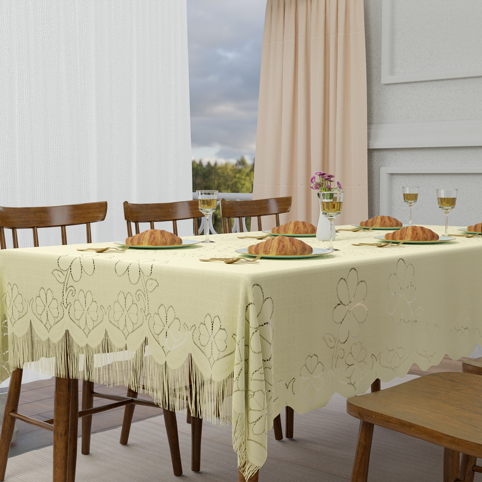 Kuber Industries 60x90 Inch 6 Seater Dining Table Cover  Durable  Wrinkle-Free Table Cover ClothProtector - Dining Table Accessories for Home  Self Flower Jhalar- Cream