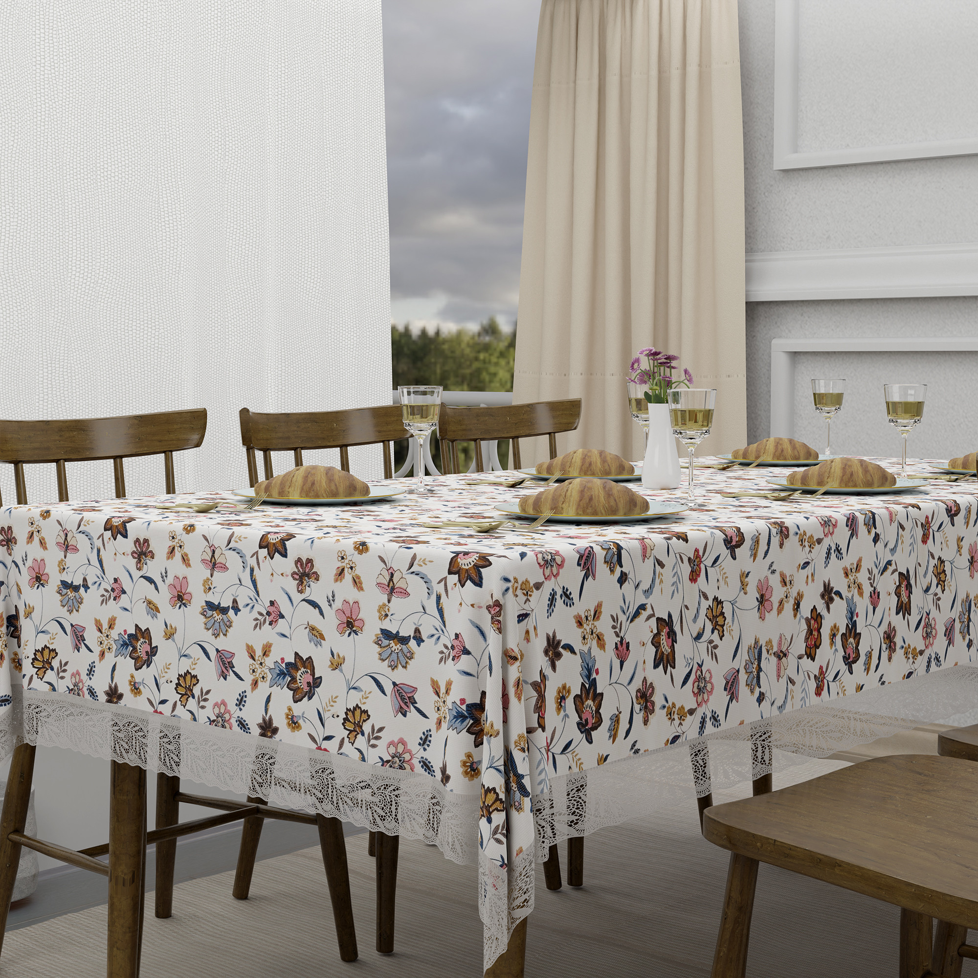 Kuber Industries 60x90 Inch Dining Table Cover 6 Seater Waterproof  Heat Resistant Scratch-Proof  Easy to Clean  PVC Table Protector for Dining Kitchen  Restaurant Use  Barik Flower - Cream