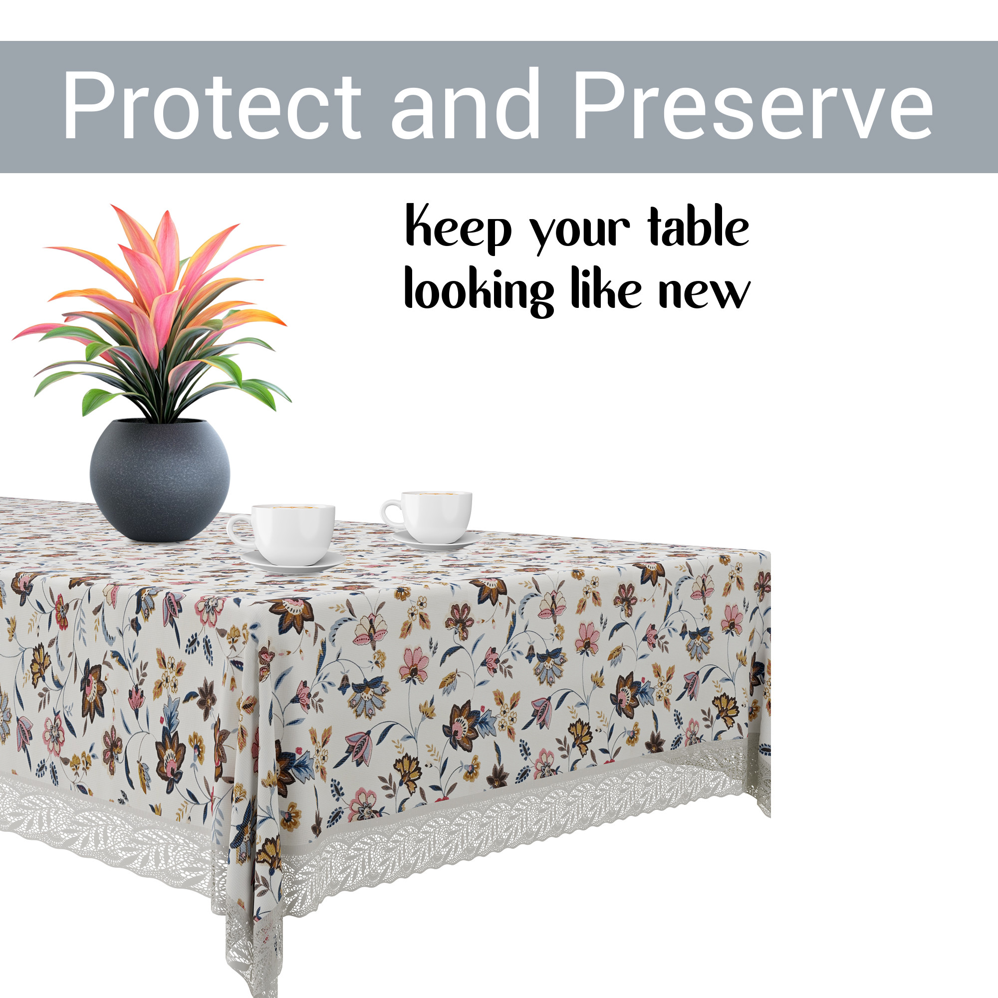 Kuber Industries 60x90 Inch Dining Table Cover 6 Seater Waterproof  Heat Resistant Scratch-Proof  Easy to Clean  PVC Table Protector for Dining Kitchen  Restaurant Use  Barik Flower - Cream