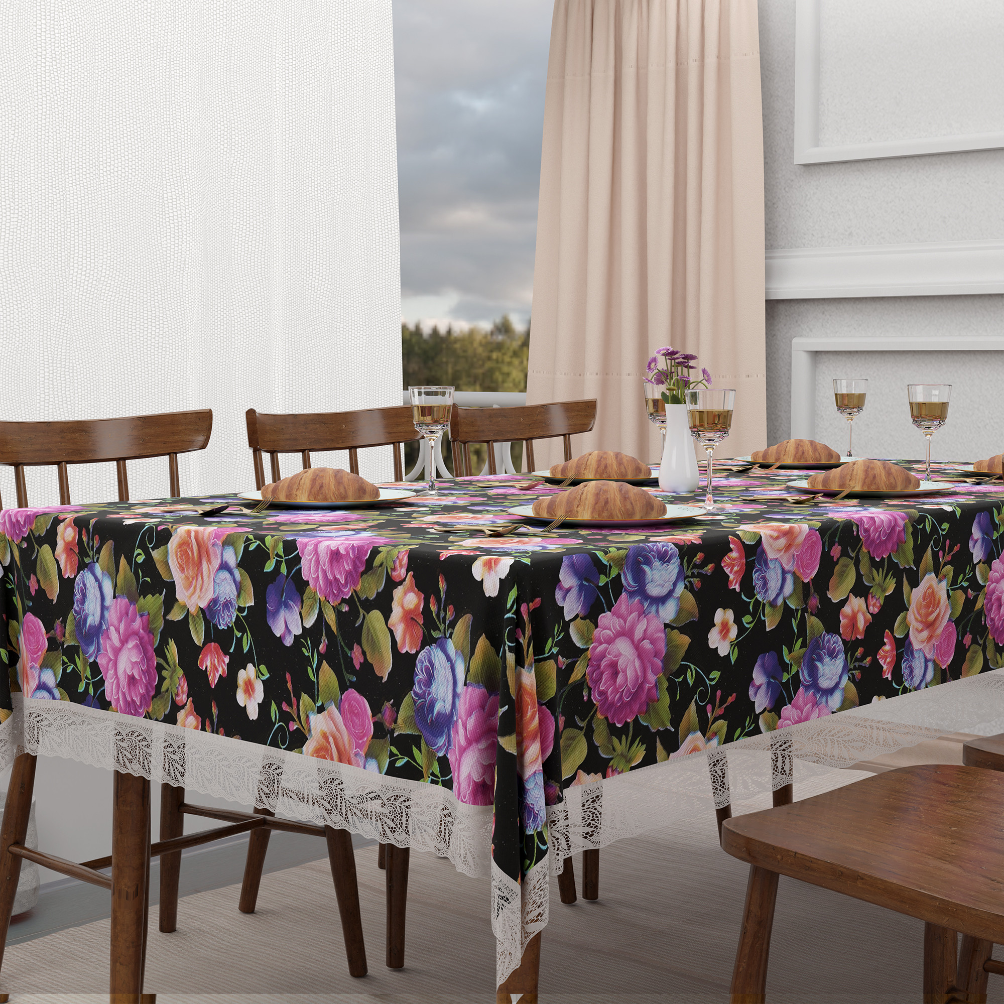 Kuber Industries 60x90 Inch Dining Table Cover 6 Seater Waterproof  Heat Resistant Scratch-Proof  Easy to Clean  Premium Table Protector for Dining Kitchen  Restaurant Use  Mix Rose - Black