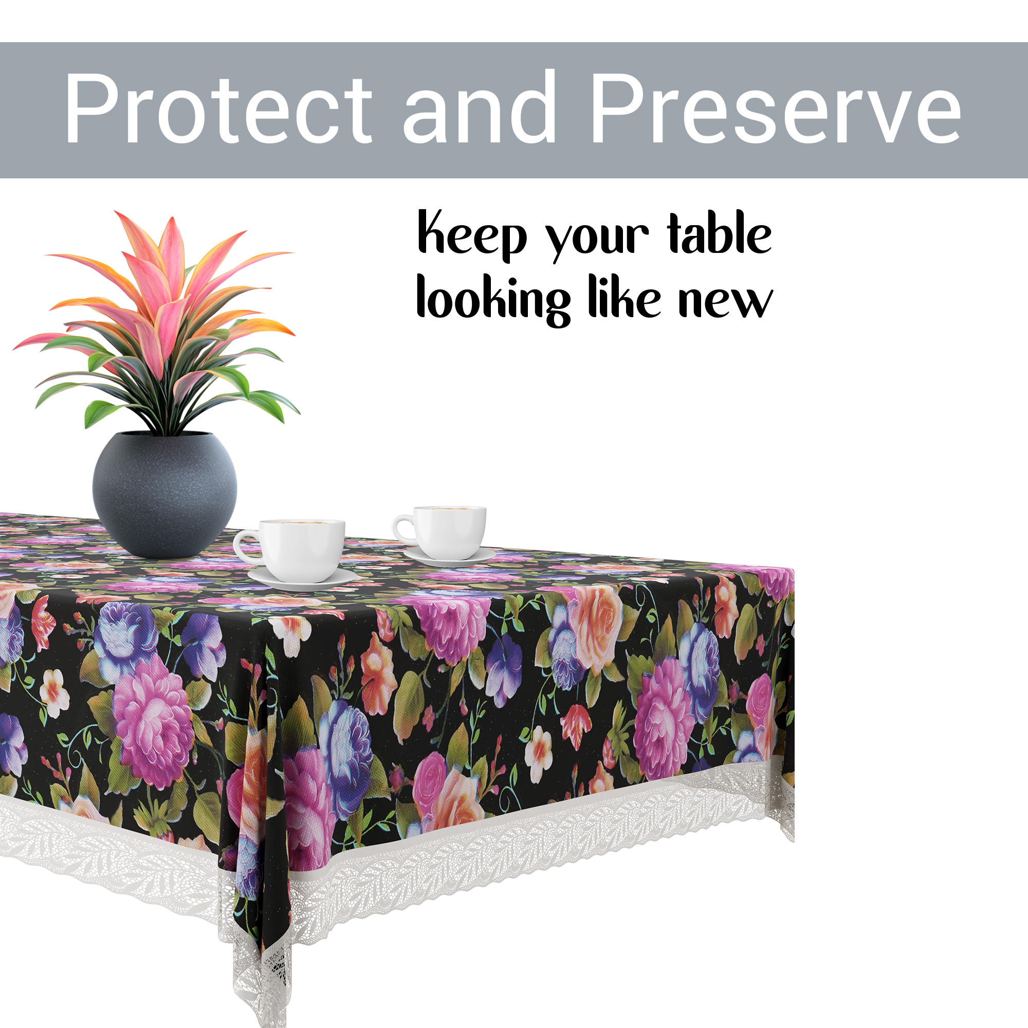 Kuber Industries 60x90 Inch Dining Table Cover 6 Seater Waterproof  Heat Resistant Scratch-Proof  Easy to Clean  Premium Table Protector for Dining Kitchen  Restaurant Use  Mix Rose - Black
