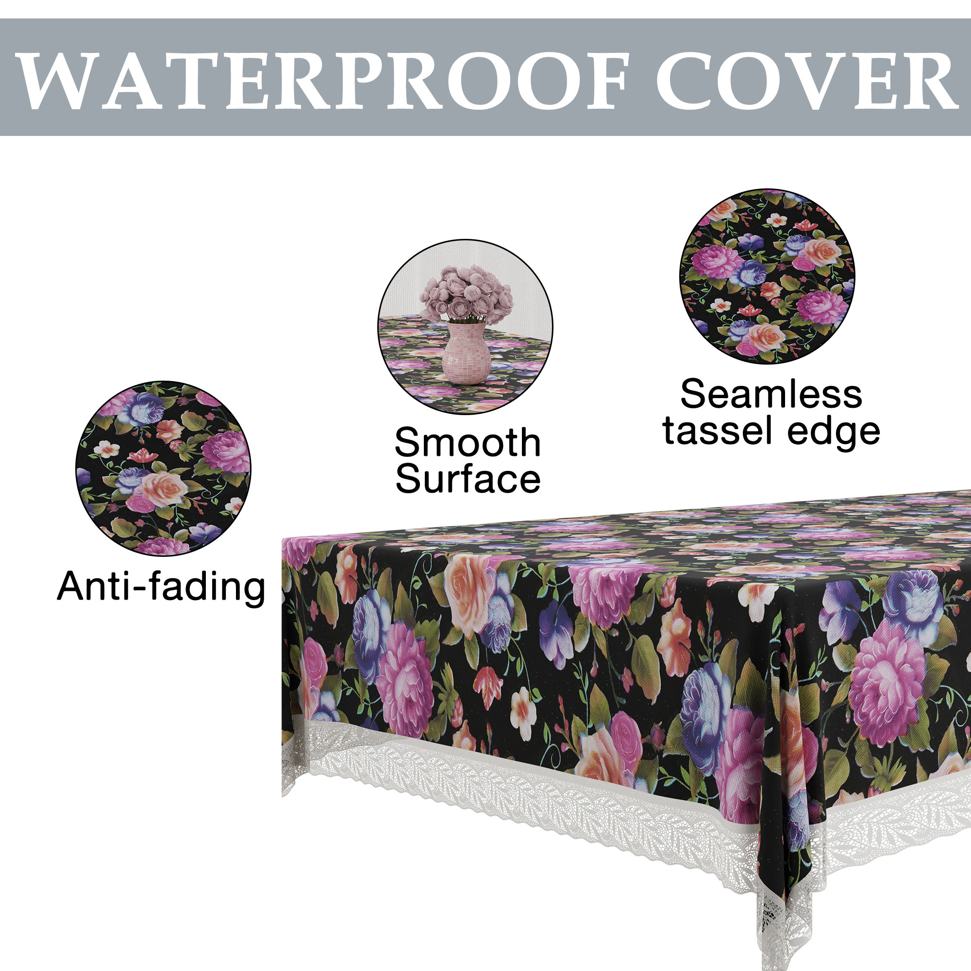 Kuber Industries 60x90 Inch Dining Table Cover 6 Seater Waterproof  Heat Resistant Scratch-Proof  Easy to Clean  Premium Table Protector for Dining Kitchen  Restaurant Use  Mix Rose - Black