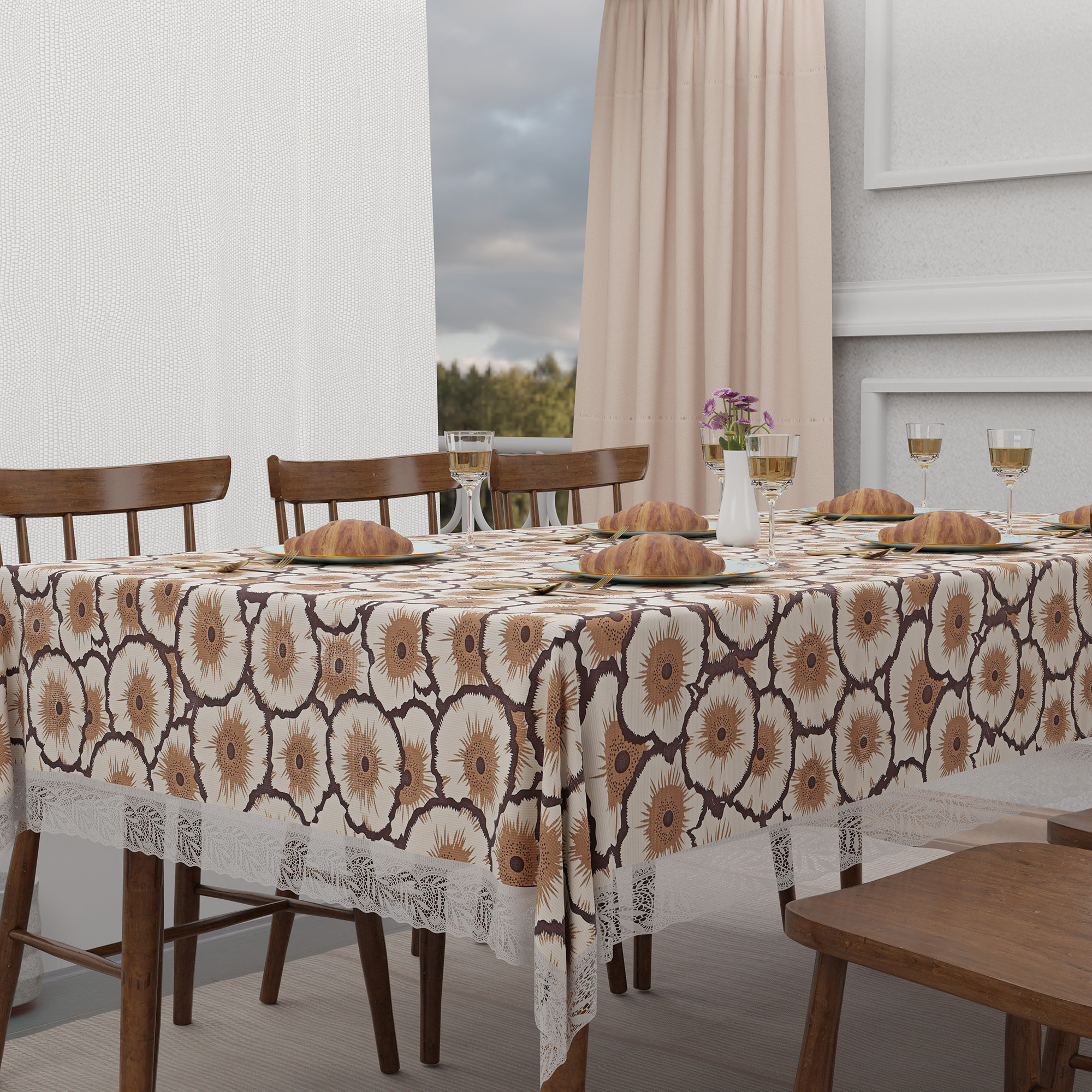 Kuber Industries 60x90 Inch Dining Table Cover 6 Seater Waterproof  Heat Resistant Scratch-Proof  Easy to Clean  PVC Table Protector for Dining Kitchen  Restaurant Use  Flower - Cream  Brown