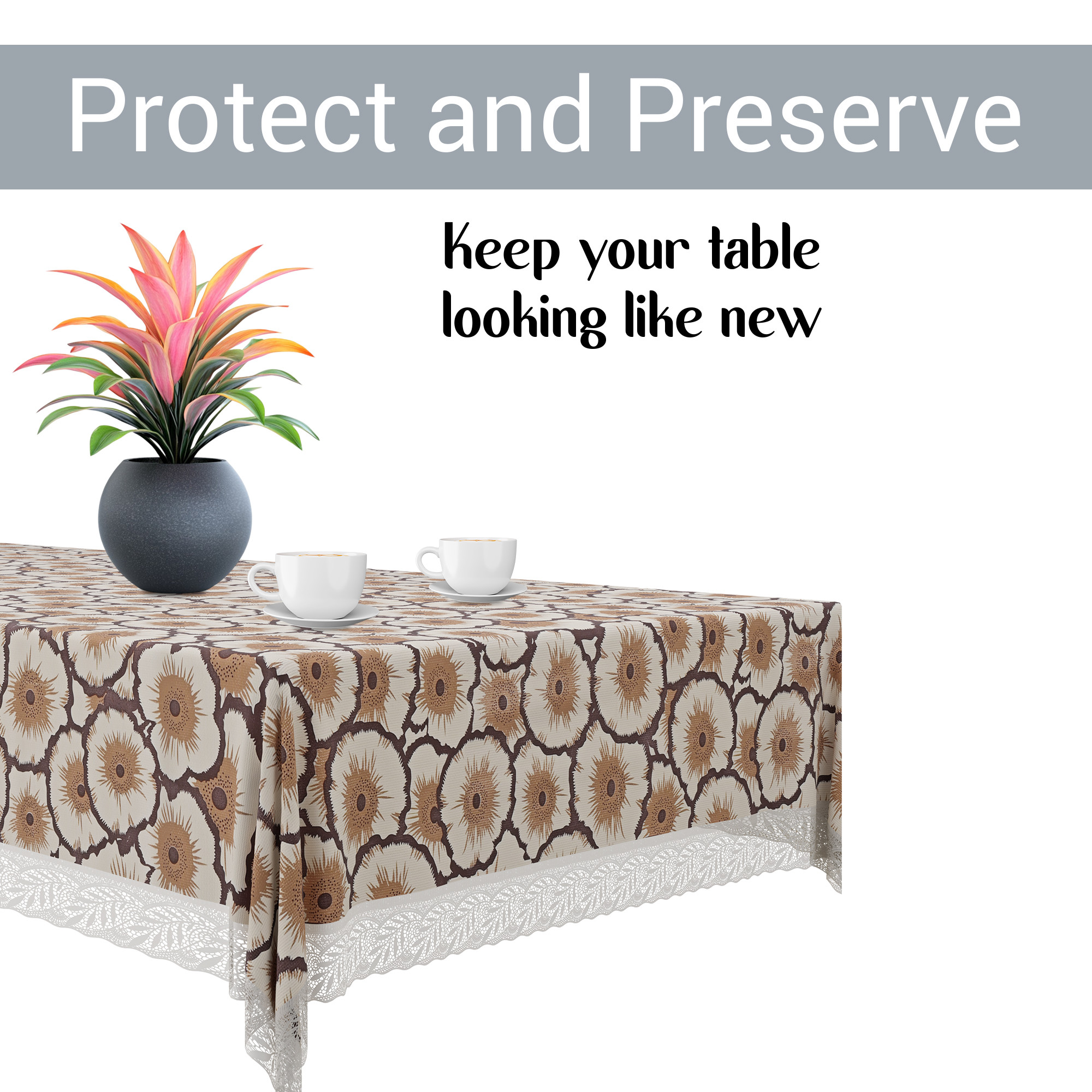 Kuber Industries 60x90 Inch Dining Table Cover 6 Seater Waterproof  Heat Resistant Scratch-Proof  Easy to Clean  PVC Table Protector for Dining Kitchen  Restaurant Use  Flower - Cream  Brown