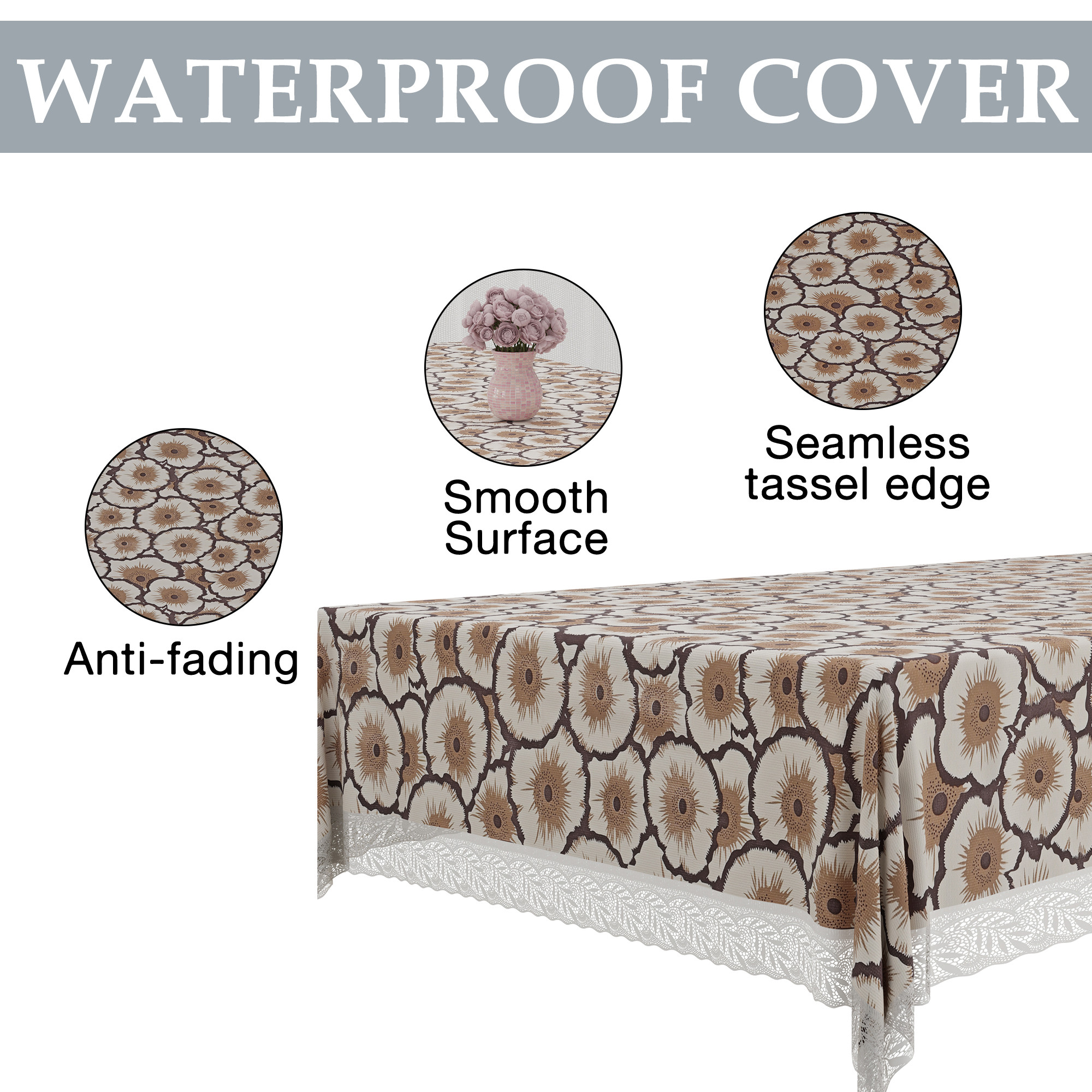 Kuber Industries 60x90 Inch Dining Table Cover 6 Seater Waterproof  Heat Resistant Scratch-Proof  Easy to Clean  PVC Table Protector for Dining Kitchen  Restaurant Use  Flower - Cream  Brown