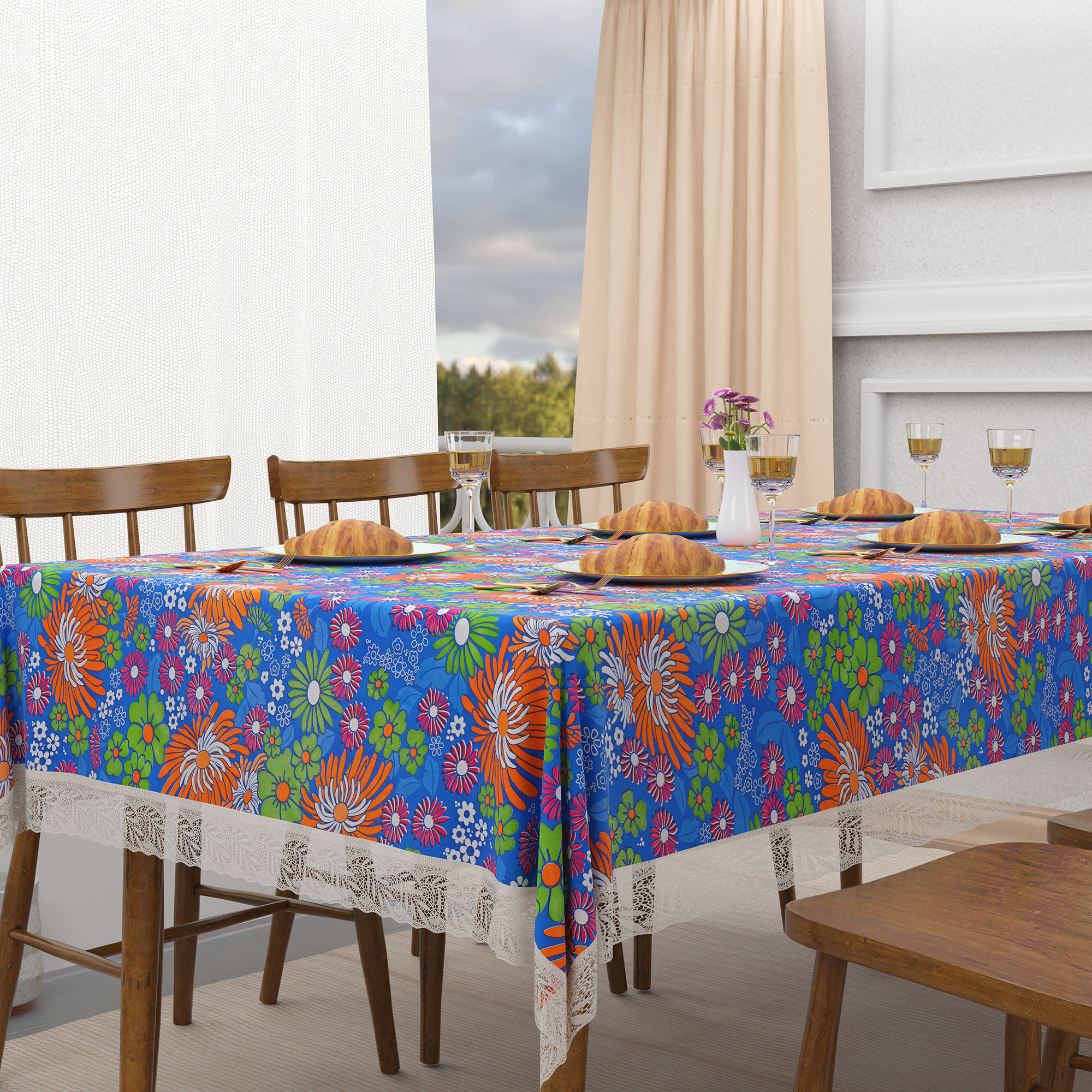 Kuber Industries 60x90 Inch Dining Table Cover 6 Seater Waterproof  Heat Resistant Scratch-Proof  Easy to Clean  PVC Table Protector for Dining Kitchen  Restaurant Use  Multi Flower - Blue