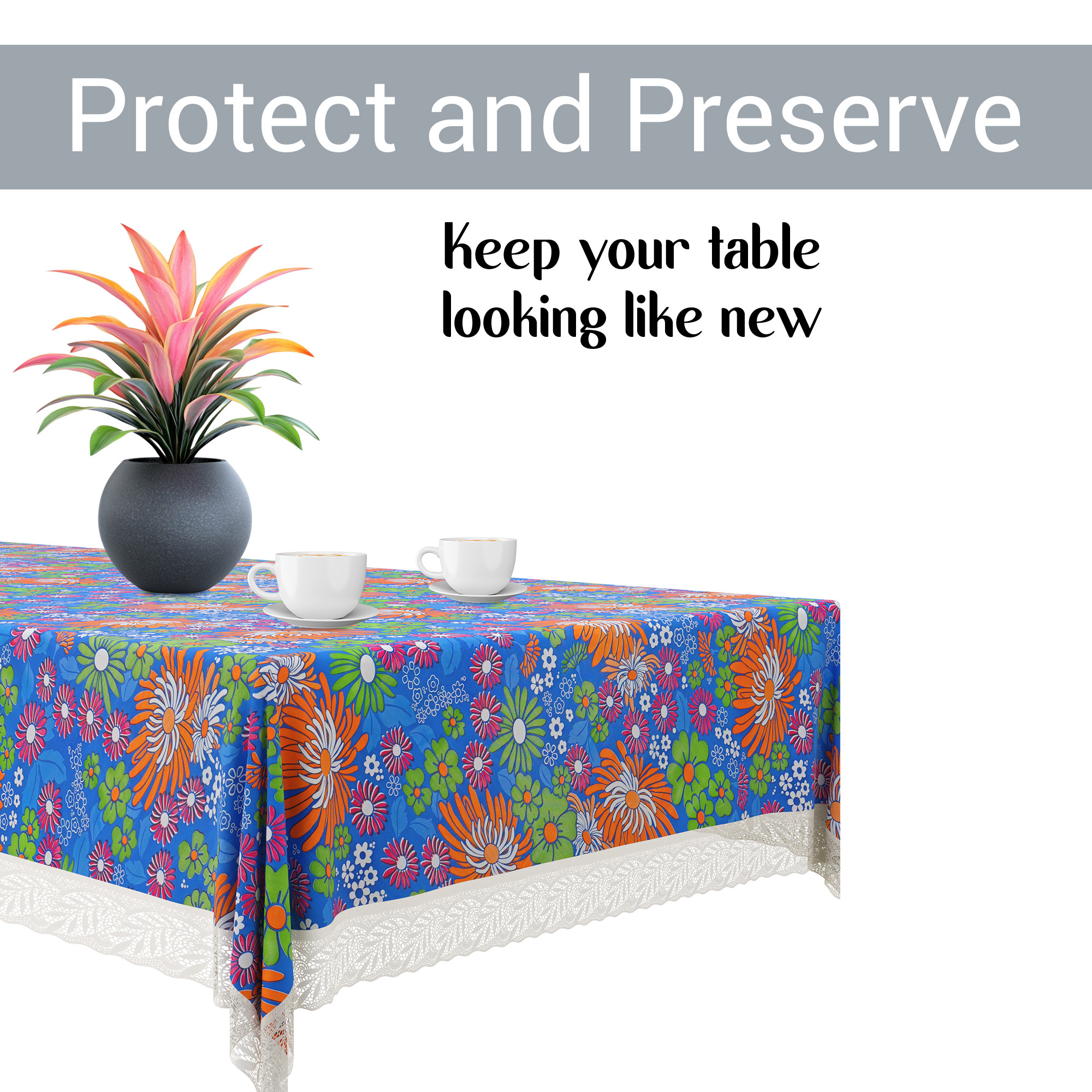 Kuber Industries 60x90 Inch Dining Table Cover 6 Seater Waterproof  Heat Resistant Scratch-Proof  Easy to Clean  PVC Table Protector for Dining Kitchen  Restaurant Use  Multi Flower - Blue