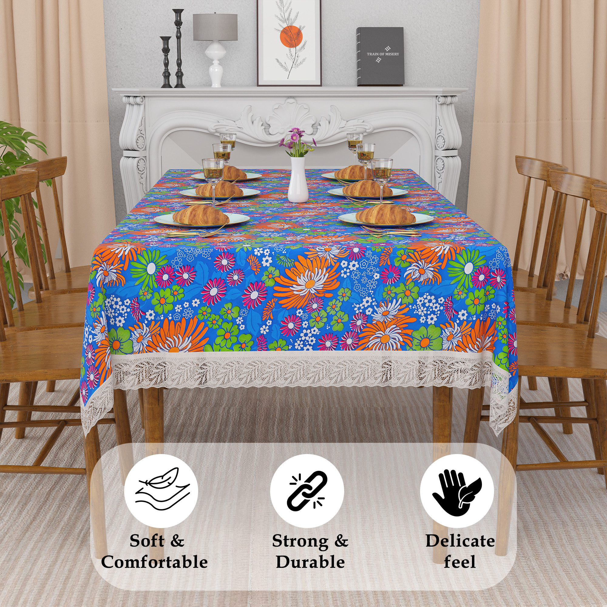 Kuber Industries 60x90 Inch Dining Table Cover 6 Seater Waterproof  Heat Resistant Scratch-Proof  Easy to Clean  PVC Table Protector for Dining Kitchen  Restaurant Use  Multi Flower - Blue