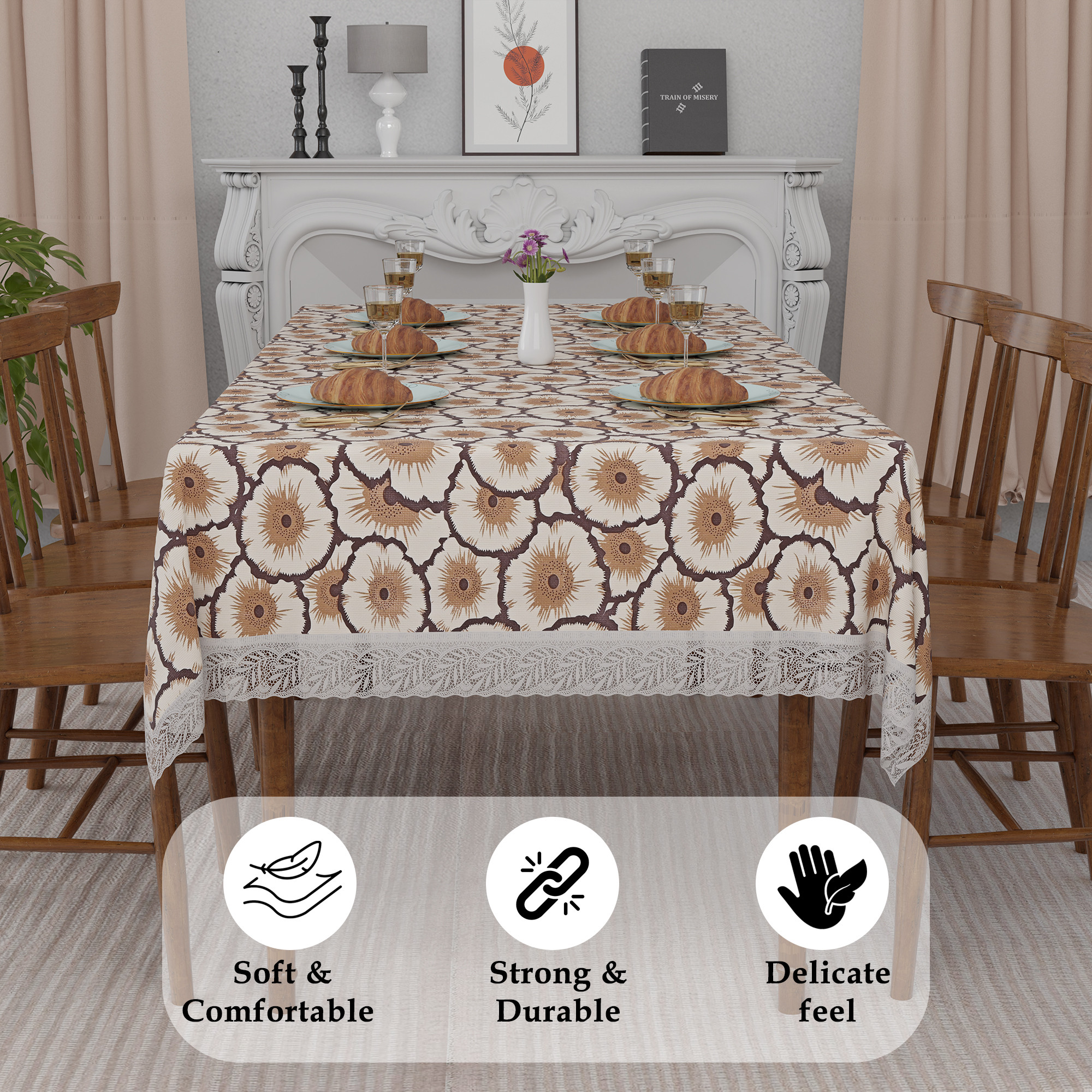 Kuber Industries 60x90 Inch Dining Table Cover 6 Seater Waterproof  Heat Resistant Scratch-Proof  Easy to Clean  PVC Table Protector for Dining Kitchen  Restaurant Use  Flower - Cream  Brown