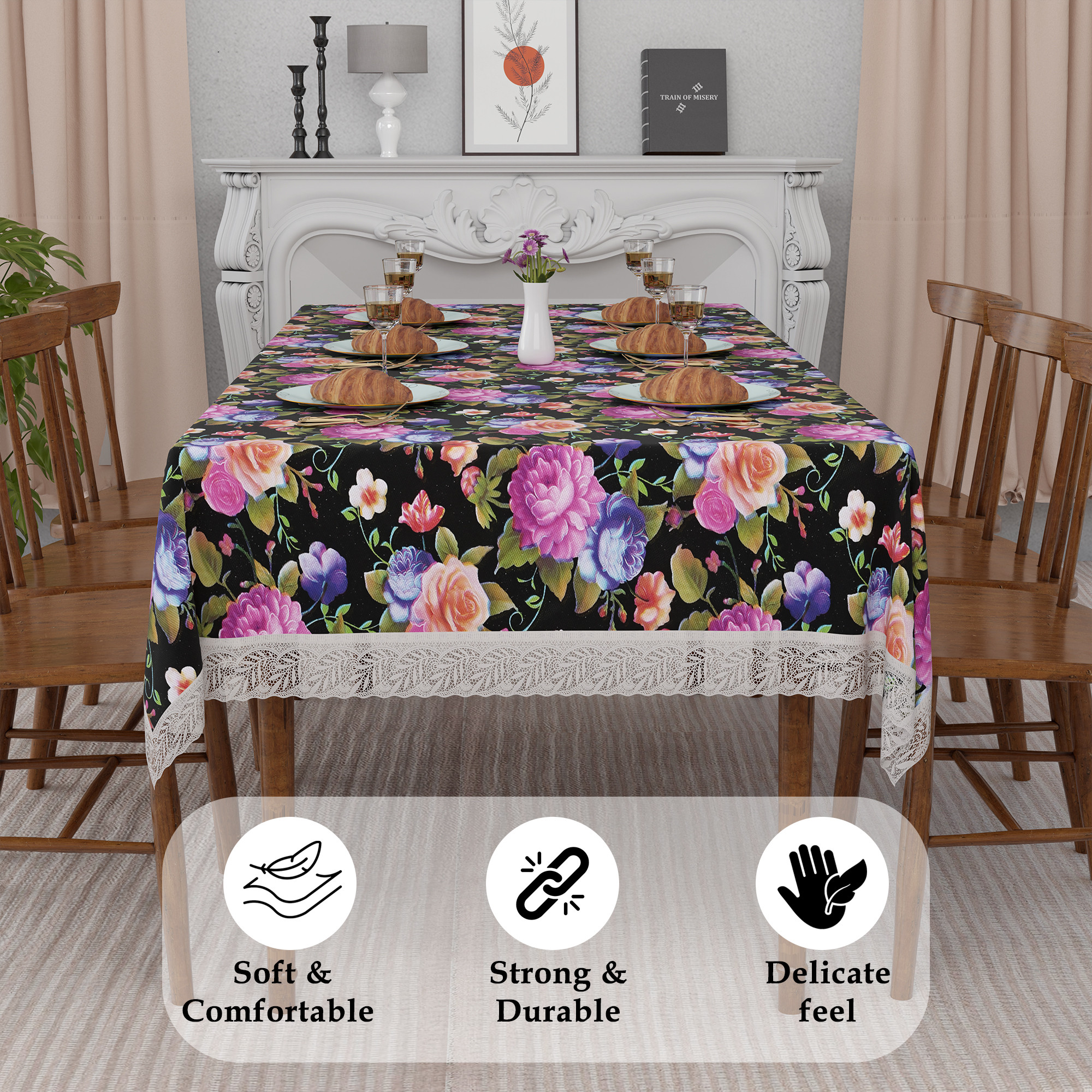 Kuber Industries 60x90 Inch Dining Table Cover 6 Seater Waterproof  Heat Resistant Scratch-Proof  Easy to Clean  Premium Table Protector for Dining Kitchen  Restaurant Use  Mix Rose - Black
