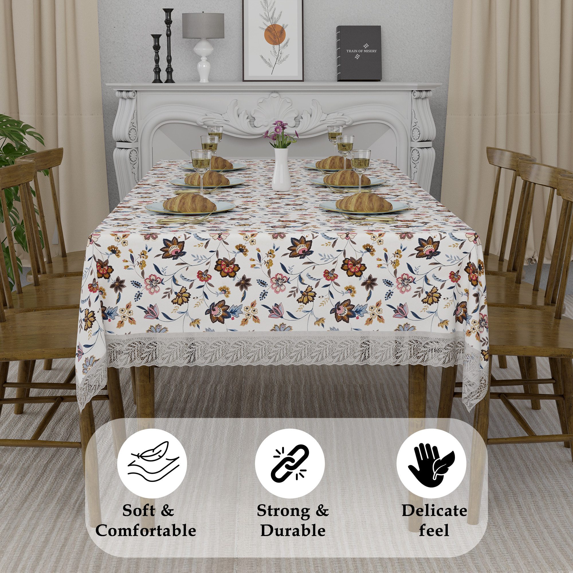Kuber Industries 60x90 Inch Dining Table Cover 6 Seater Waterproof  Heat Resistant Scratch-Proof  Easy to Clean  PVC Table Protector for Dining Kitchen  Restaurant Use  Barik Flower - Cream