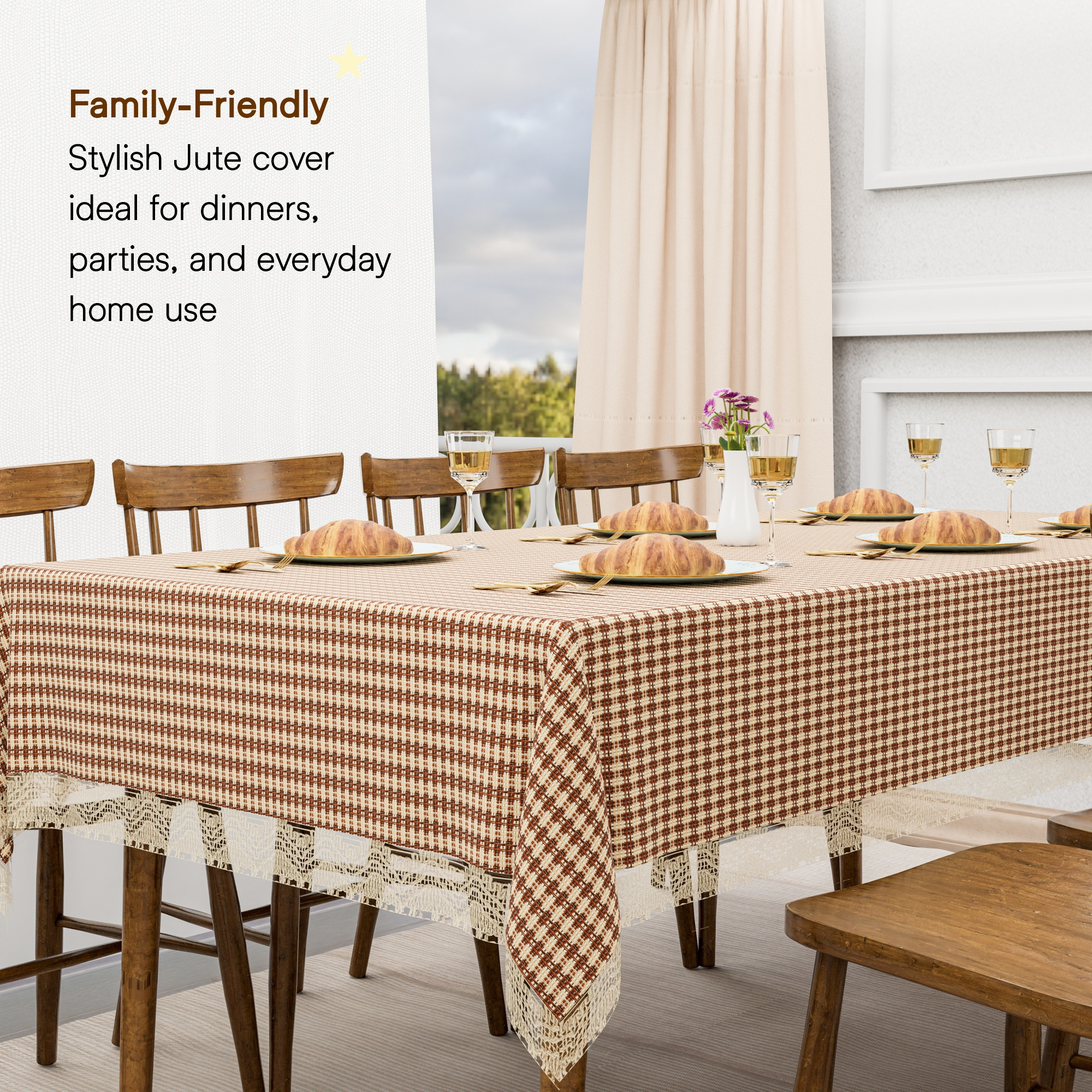 Kuber Industries 60x90 Inch Jute Dining Table Cover Cloth 6 Seater  Dinner Table Protector Cover for Living Room and Home Decor  Big Patta - Cream Brown