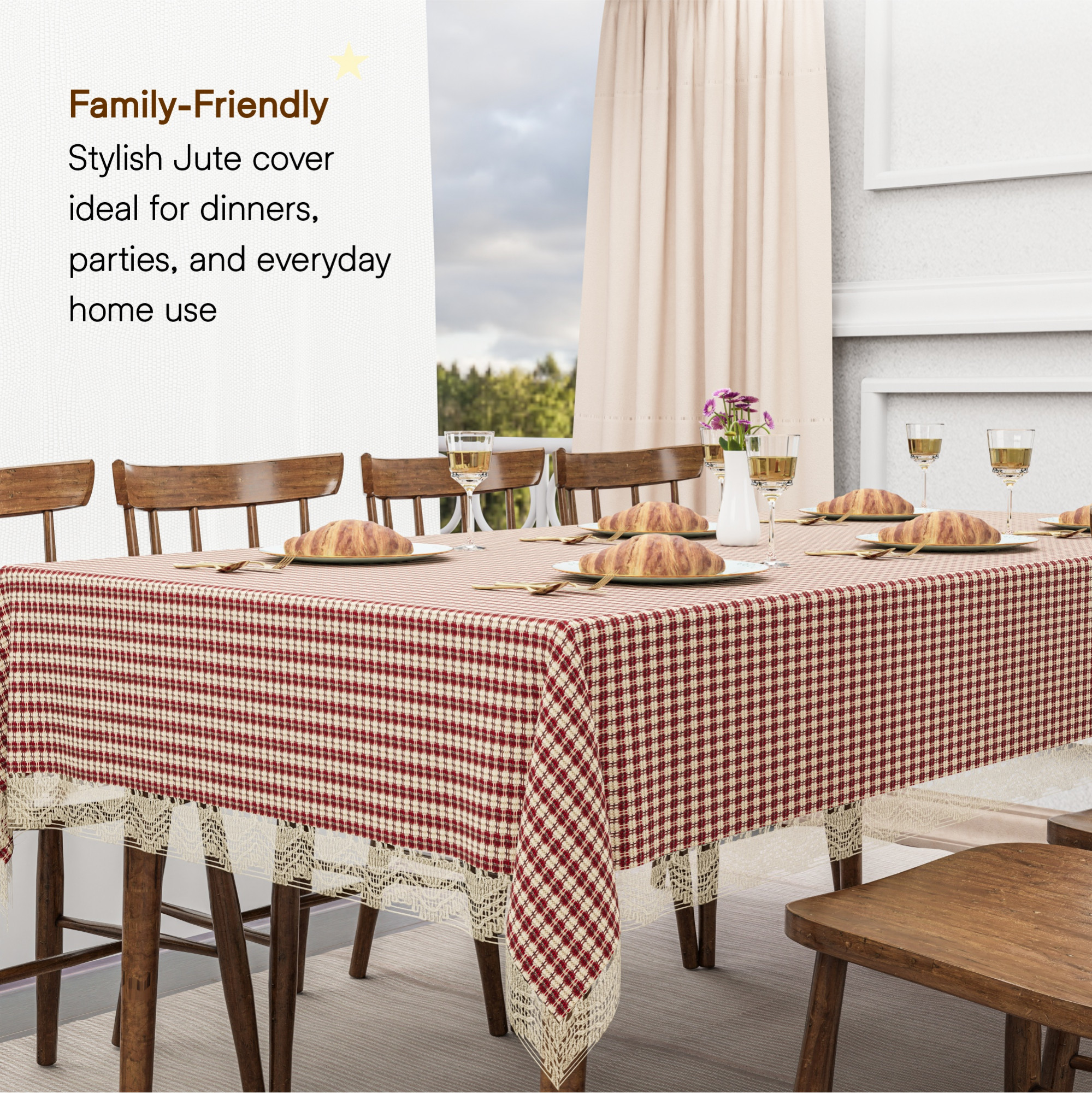 Kuber Industries 60x90 Inch Jute Dining Table Cover Cloth 6 Seater  Dinner Table Protector Cover for Living Room and Home Decor  Big Patta - Cream Maroon