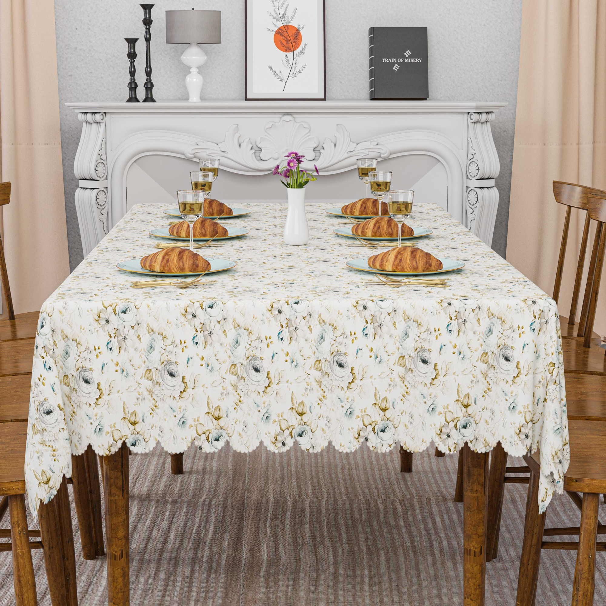 Kuber Industries 60x90 Inch Jute Dining Table Cover Cloth 6 Seater  Dinner Table Protector Cover for Living Room and Home Decor  Gulab Cutwork - Cream  Grey