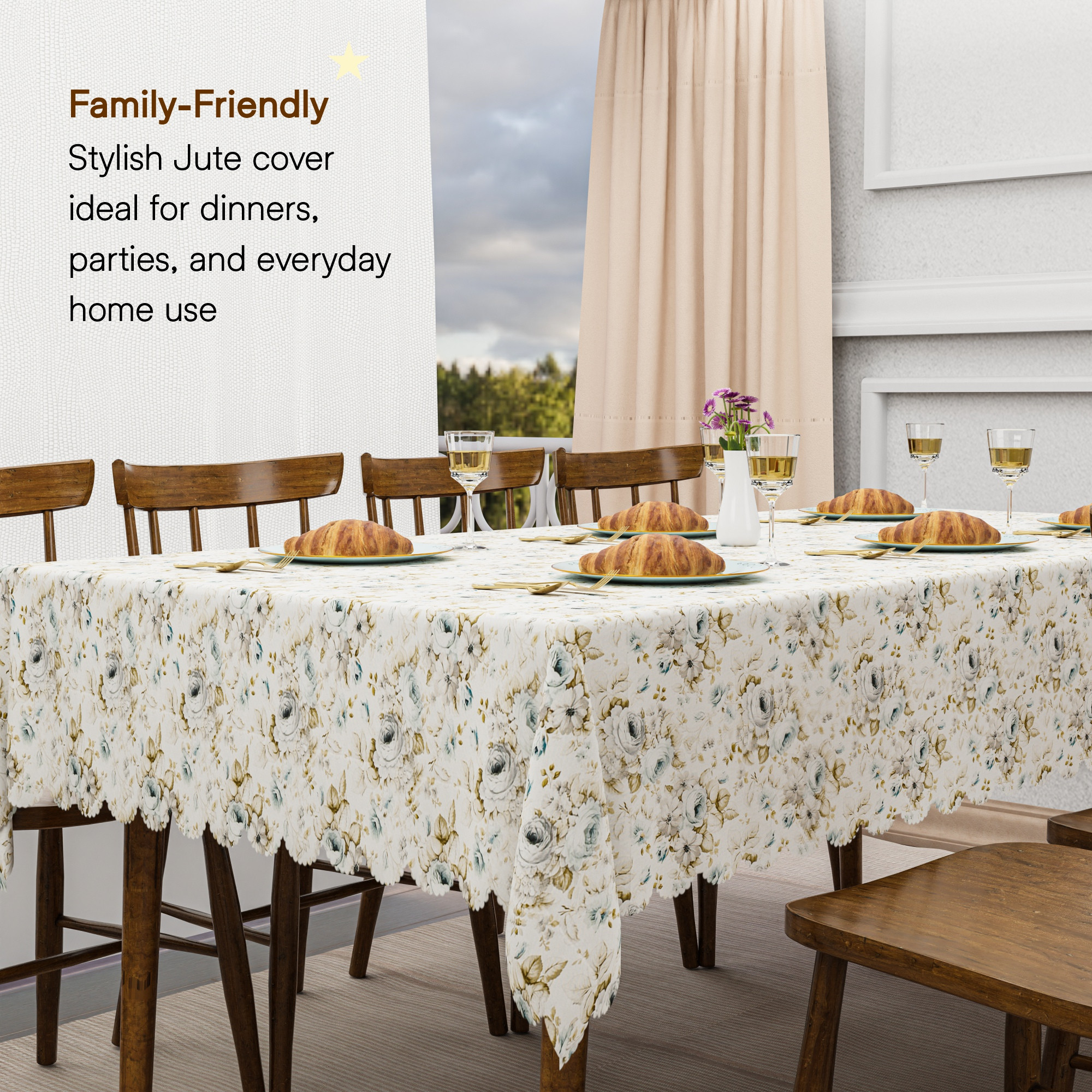 Kuber Industries 60x90 Inch Jute Dining Table Cover Cloth 6 Seater  Dinner Table Protector Cover for Living Room and Home Decor  Gulab Cutwork - Cream  Grey