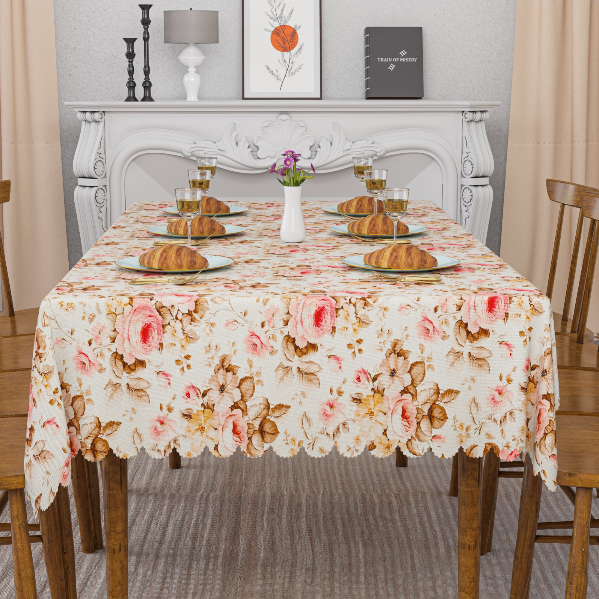 Kuber Industries 60x90 Inch Jute Dining Table Cover Cloth 6 Seater  Dinner Table Protector Cover for Living Room and Home Decor  Gulab Cutwork -Cream  Pink