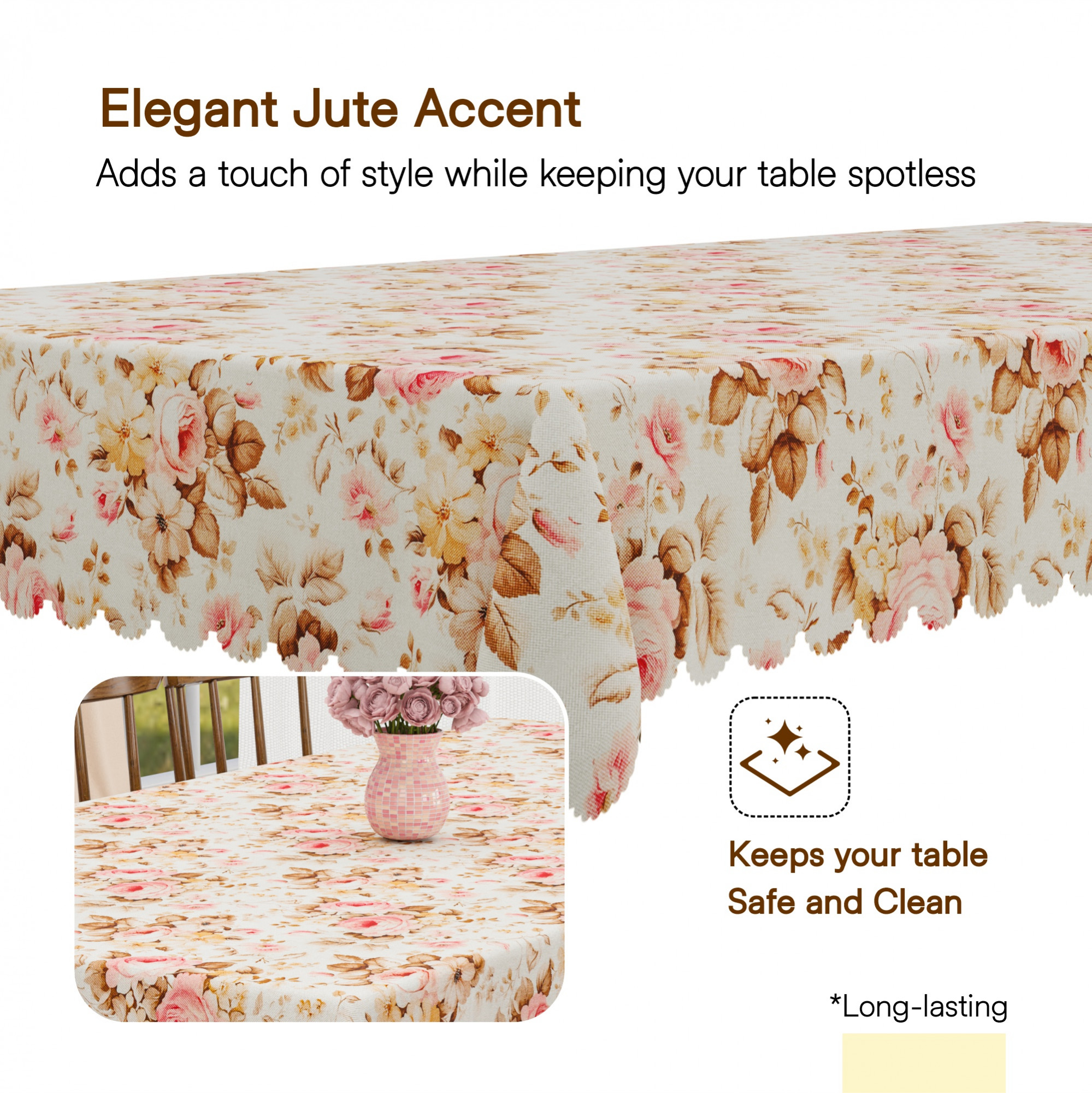 Kuber Industries 60x90 Inch Jute Dining Table Cover Cloth 6 Seater  Dinner Table Protector Cover for Living Room and Home Decor  Gulab Cutwork -Cream  Pink