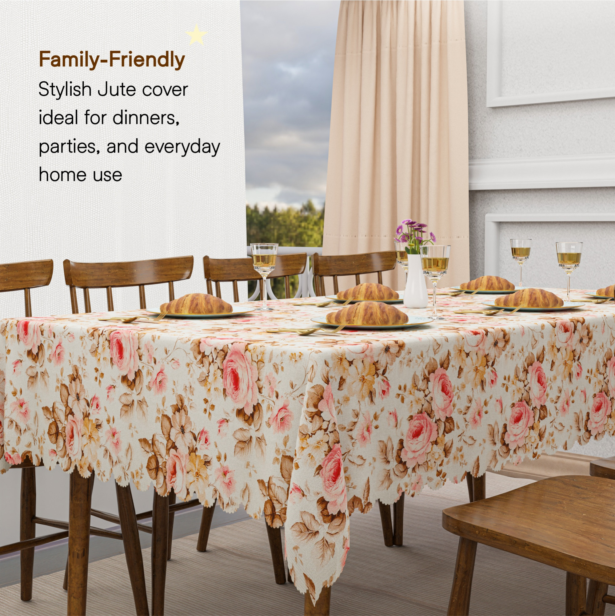 Kuber Industries 60x90 Inch Jute Dining Table Cover Cloth 6 Seater  Dinner Table Protector Cover for Living Room and Home Decor  Gulab Cutwork -Cream  Pink