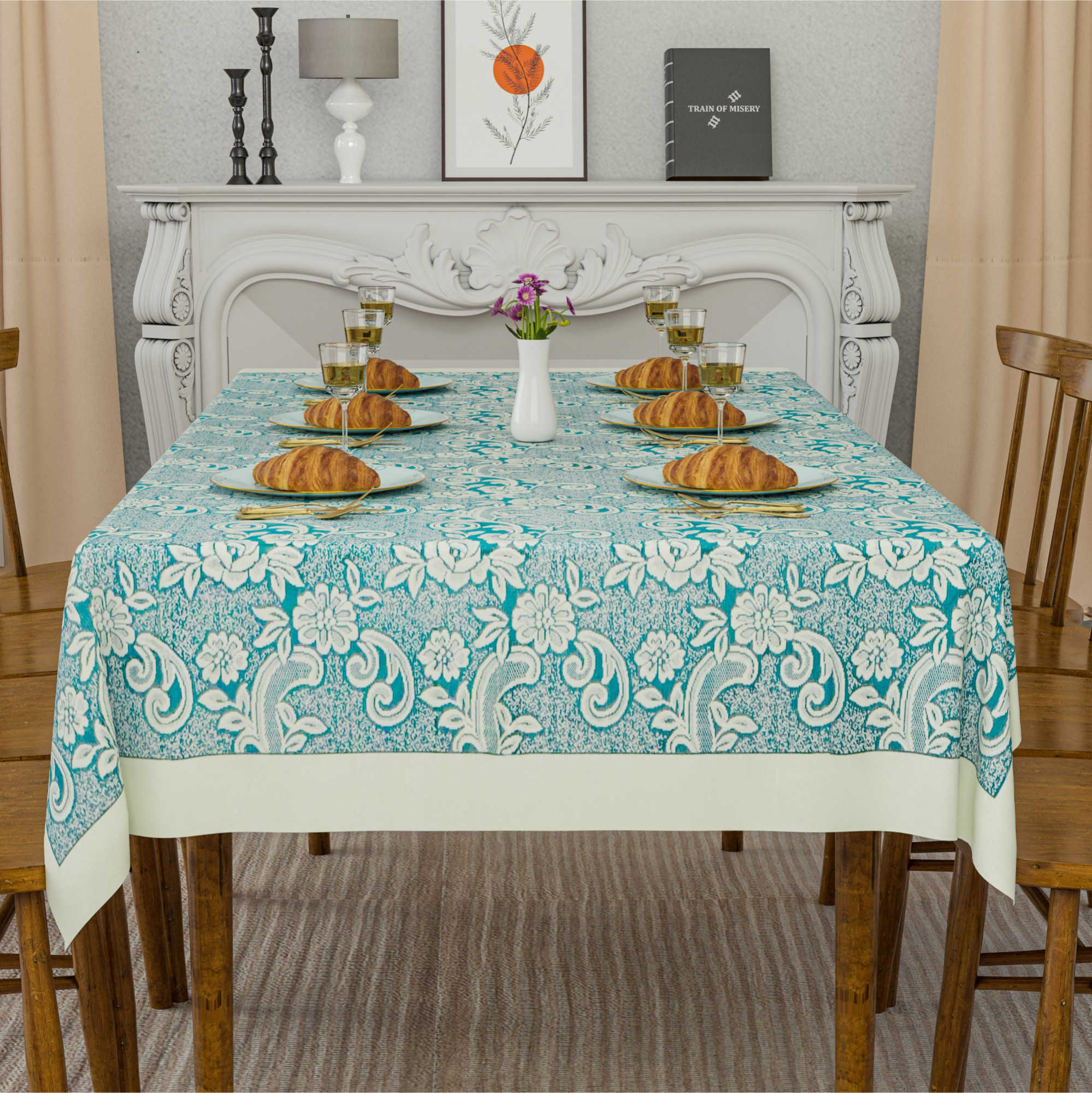 Kuber Industries 60x90 Inch Net Cotton Dining Table Cover Cloth 6 Seater  Dinner Table Protector Cover for Living Room and Home Decor  Aqua Rose 1893 Bright - Cream