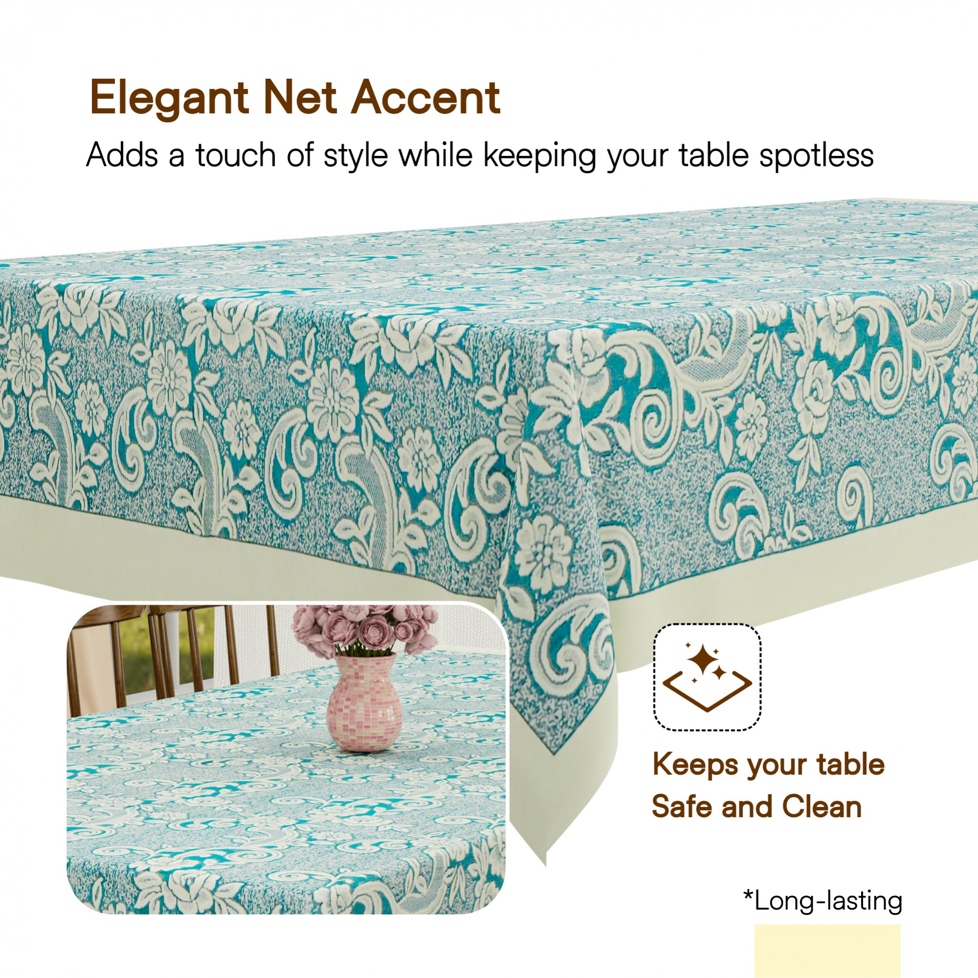 Kuber Industries 60x90 Inch Net Cotton Dining Table Cover Cloth 6 Seater  Dinner Table Protector Cover for Living Room and Home Decor  Aqua Rose 1893 Bright - Cream